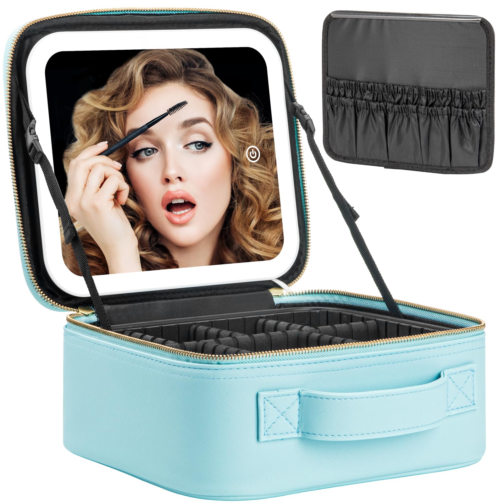 Extrei Gent Makeup Travel Train Case with Mirror LED Light 3 Adjustable Brightness Large Cosmetic Bag Portable Storage Adjustable Partition Waterproof