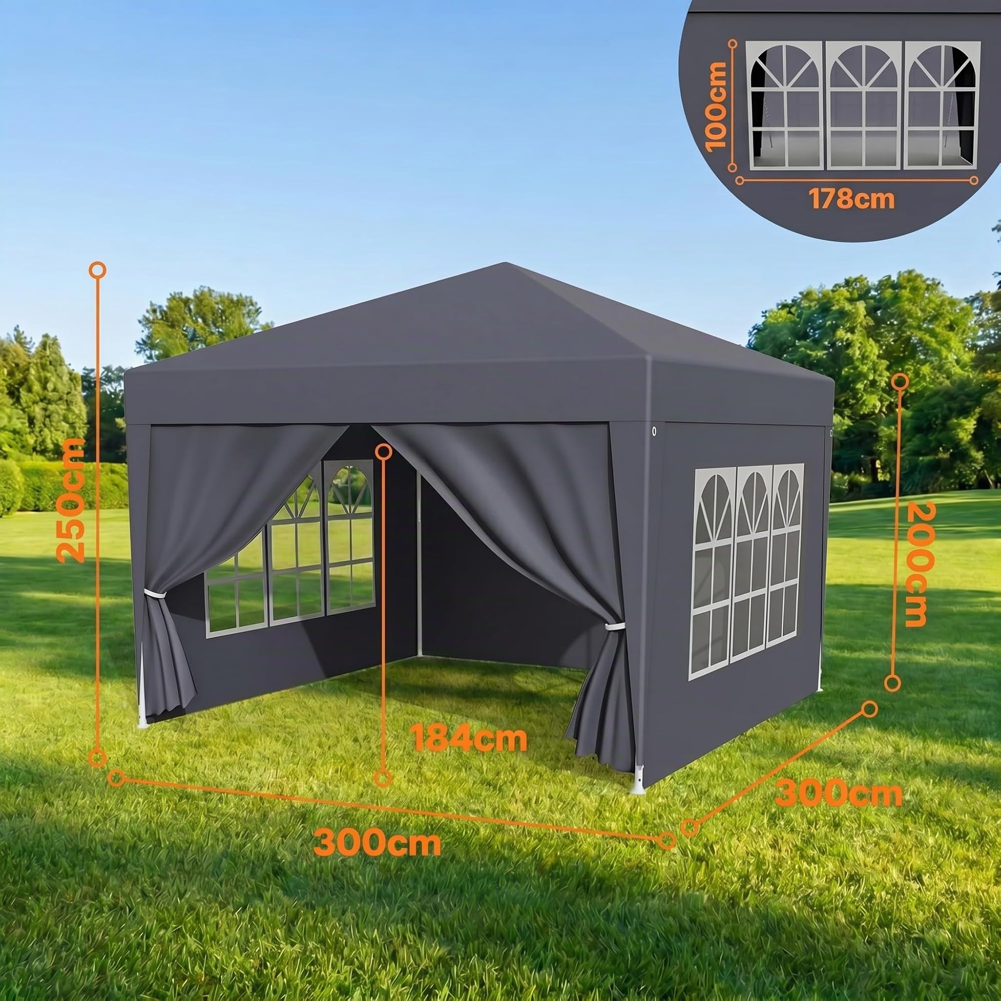 Pavillon 3x6m Wasserdicht Stabil Winterfest, Faltpavillon mit Abnehmbaren Seitenteilen, UV Schutz & Windschutz, Gartenpavillon Partyzelt für Markt, Festival, Camping, Hochzeit, Anthrazit