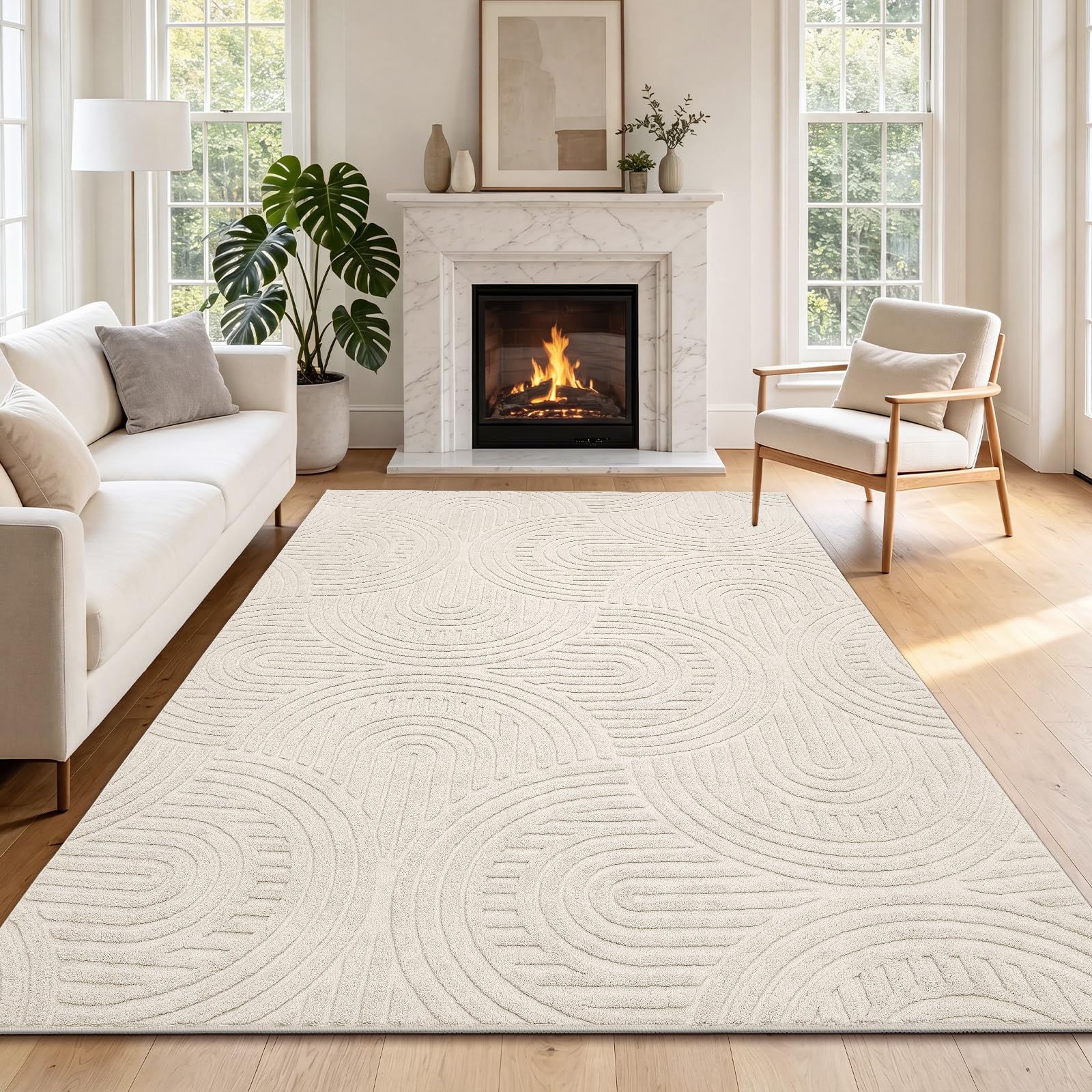 Enyhom Teppich Wohnzimmer Schlafzimmer 3D Optik Kurzflor Skandinavisch Teppiche Weich rutschfest Waschbar Pflegeleicht für Kinderzimmer, Beige Halbkreismuster, 160x230cm