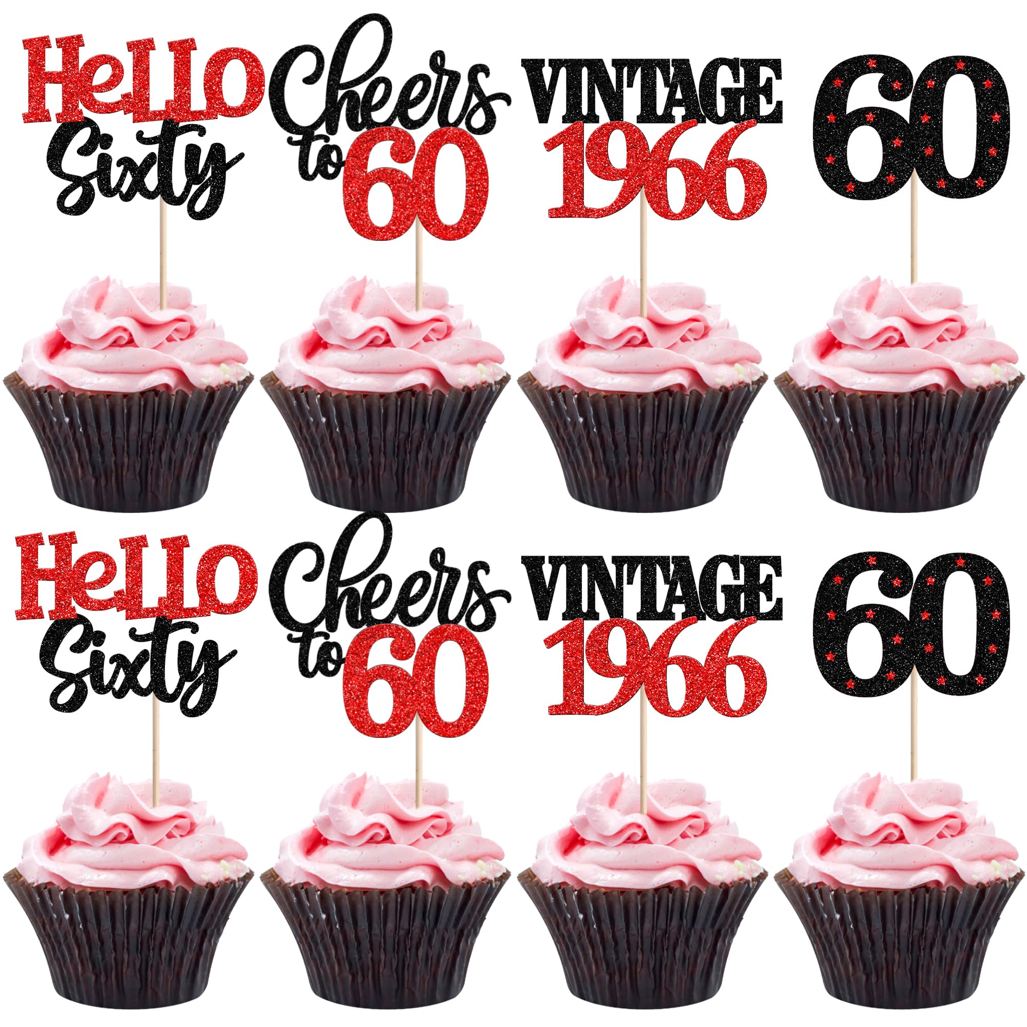 Xsstarmi 24 Pack 60th Birthday Cupcake Toppers Red Glitter 60 Hello Sixty Vintage 1966 Cupcake Picks Cheers to 60 Birthday Cake Decorations for 60 Fabulous Happy 60th Birrthday Party Supplies