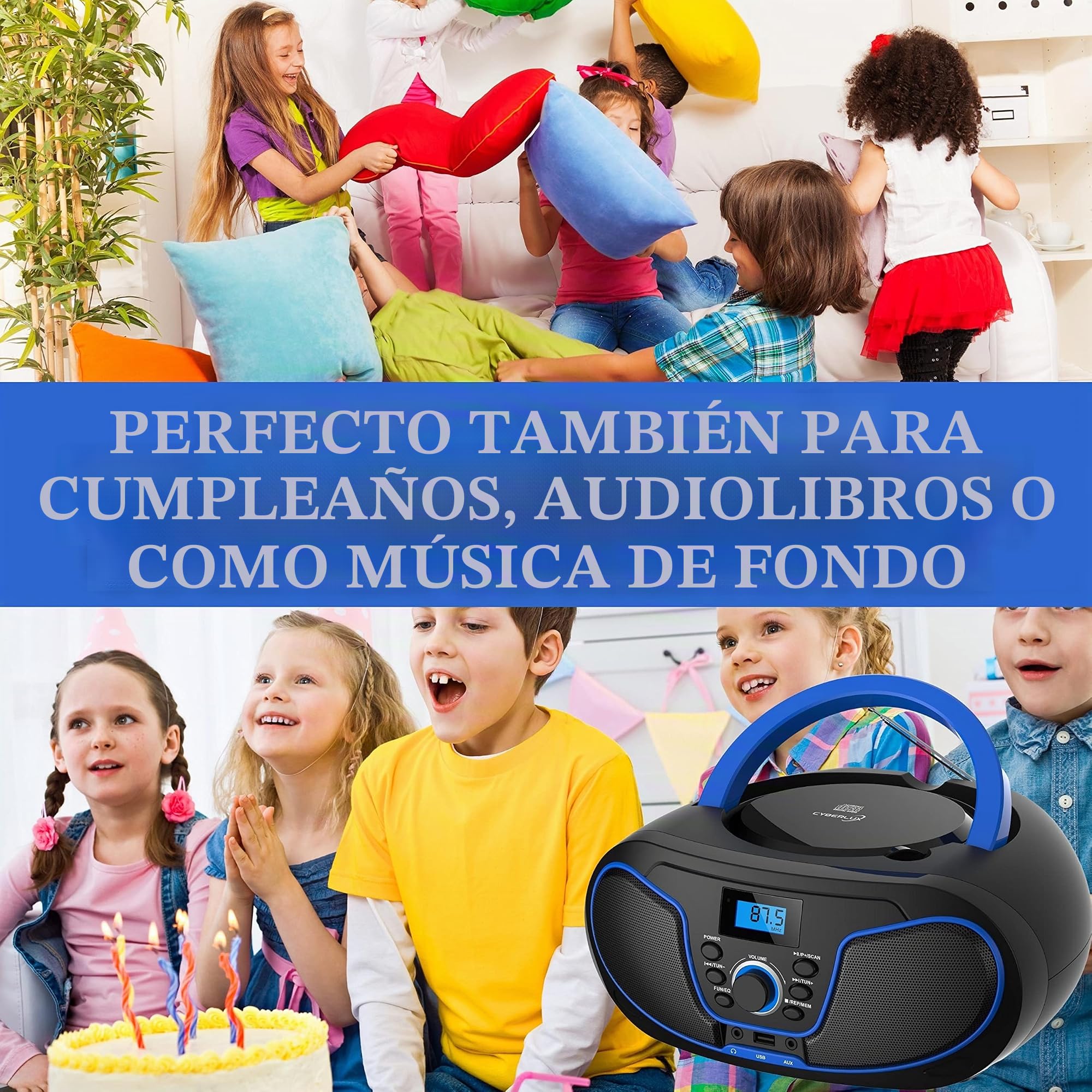 Reproductor de CD portátil Boombox CD/CD-R - USB - Radio FM - Entrada AUX - Toma para Auriculares - Reproductor de CD - Radio Infantil - CD - Canal estéreo - Sistema Compacto (Dark Blue)