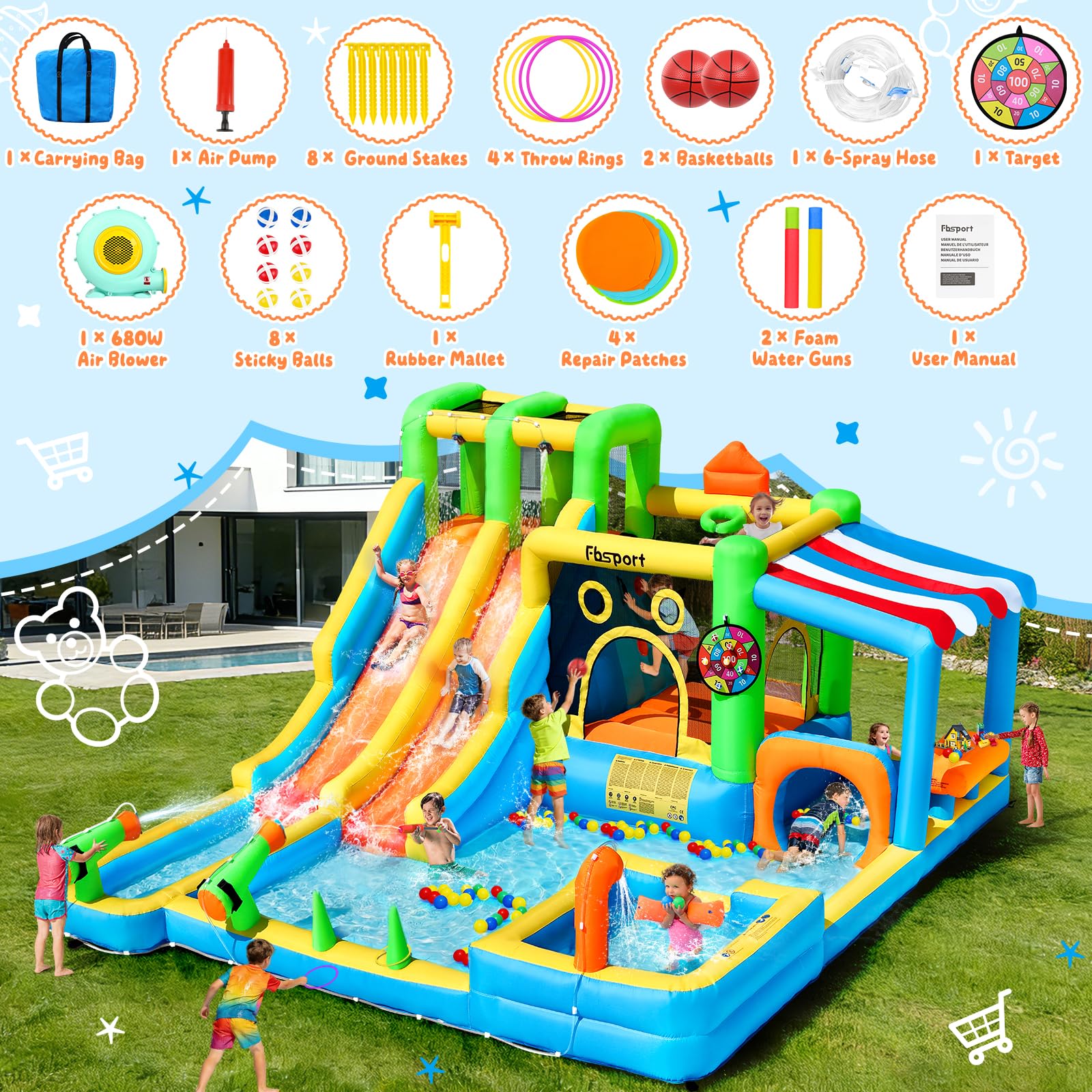 Castello Gonfiabile Grande con 2 Scivoli d’Acqua per Bambini, Parco Acquatico con Trampolino, Piscina, Canestro da Basket, Parete da Arrampicata, per Interno ed Esterno 445x403x200 cm