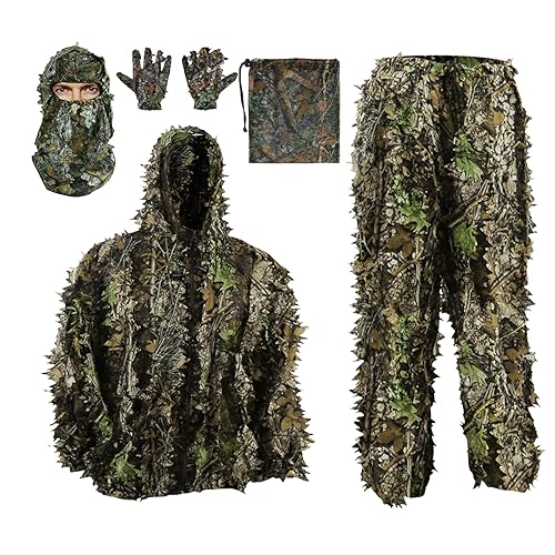 PELLOR Outdoor Camo Ghillie Suits, 3D Leafy Hooded Hunting Airsoft