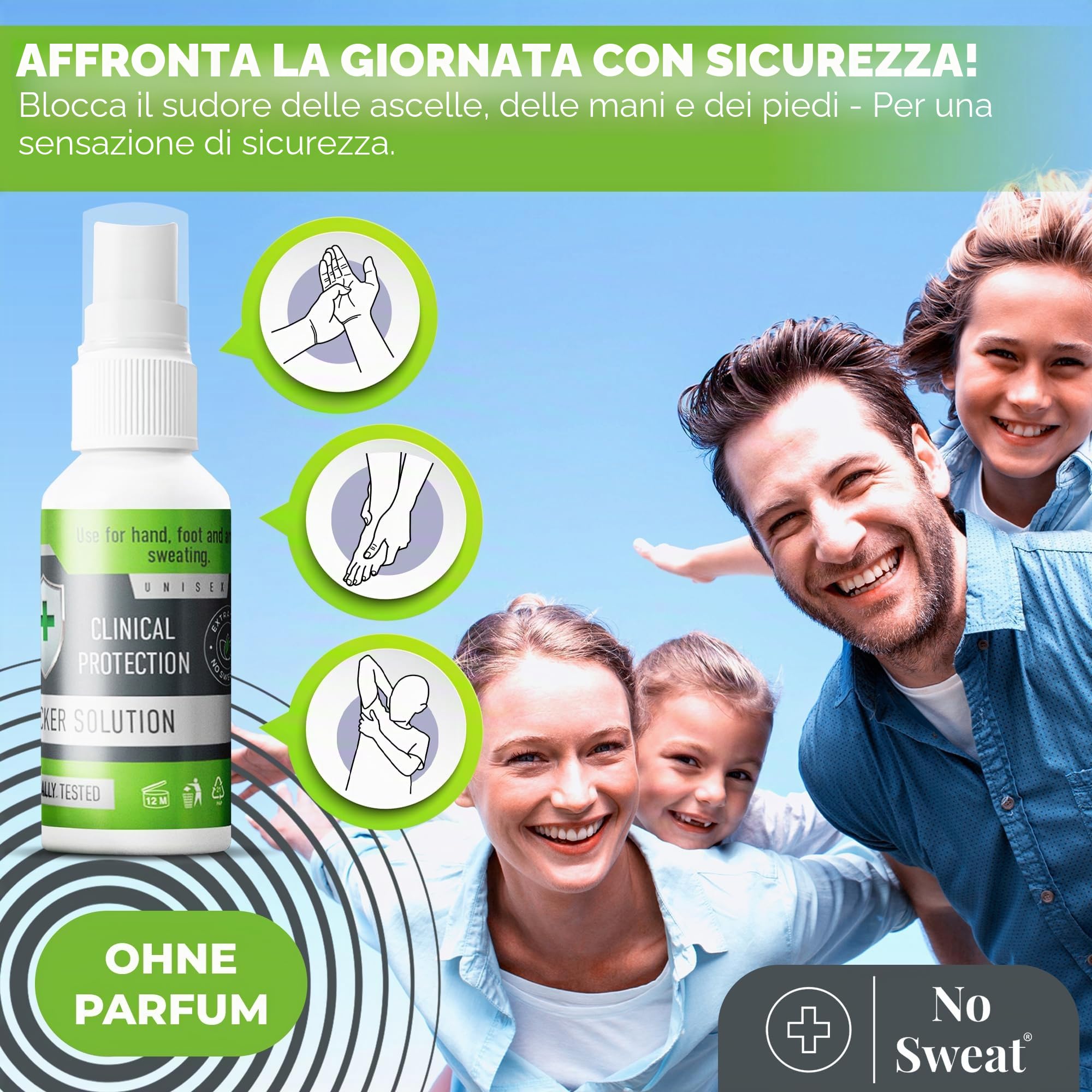 NO SWEAT Massima forza, potente deodorante per il trattamento di sudorazione eccessiva e iperidrosi, dura fino a 7 giorni -50 ml)