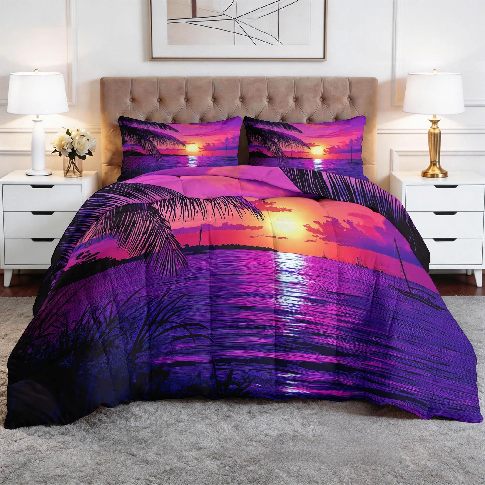 Generisch Kołdra 200 x 200 cm, rozmarzony zachód słońca, fale palmy, na 4 pory roku, pikowana, czarna, bez poszewki, oddychająca i miękka kołdra całoroczna – nadaje się do prania z poszewką na