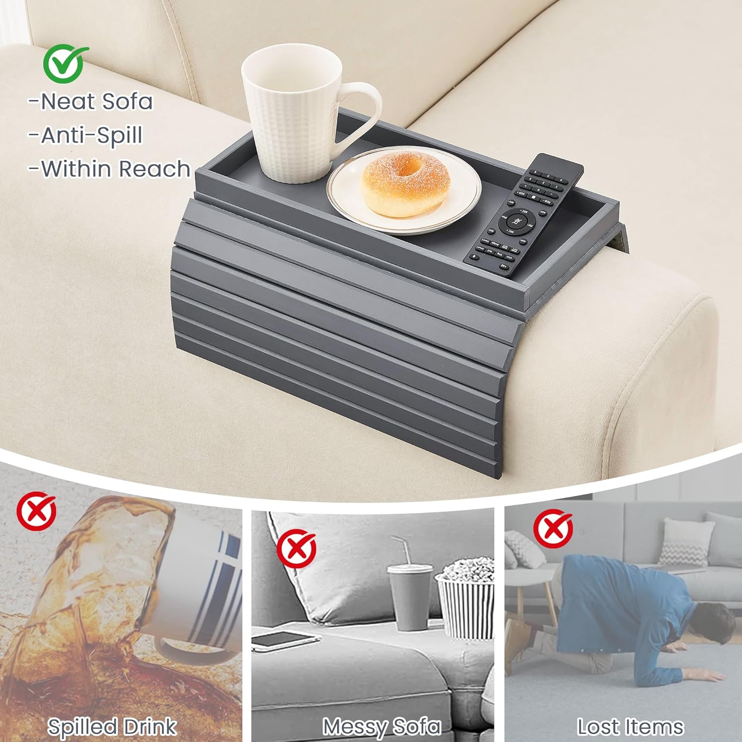 GEHE Bamboo Sofa Arm Tray, Foldable Couch Arm Tray Side Table, Anti-Falling Armrest Tables Cup Holder for Snacks, Drinks, Beers, Phone, Control, Flexible and Portable, Anti-Slip