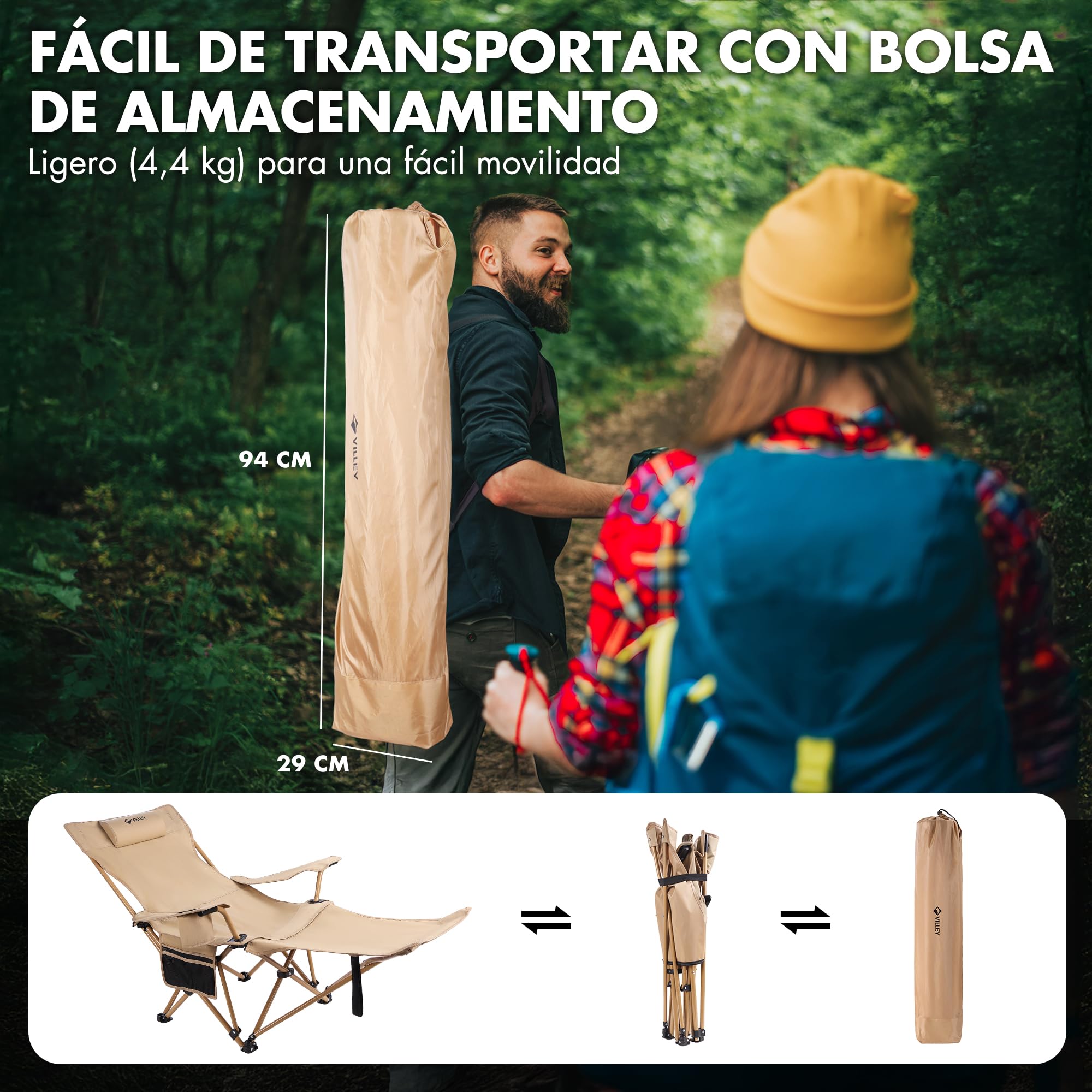 VILLEY Silla de Camping Plegable con Reposapiés, Reposacabezas y Bolsa de Almacenamiento, Silla Plegable para Camping, Playa, Jardín, Pesca, Soporta hasta 150 kg, Beige
