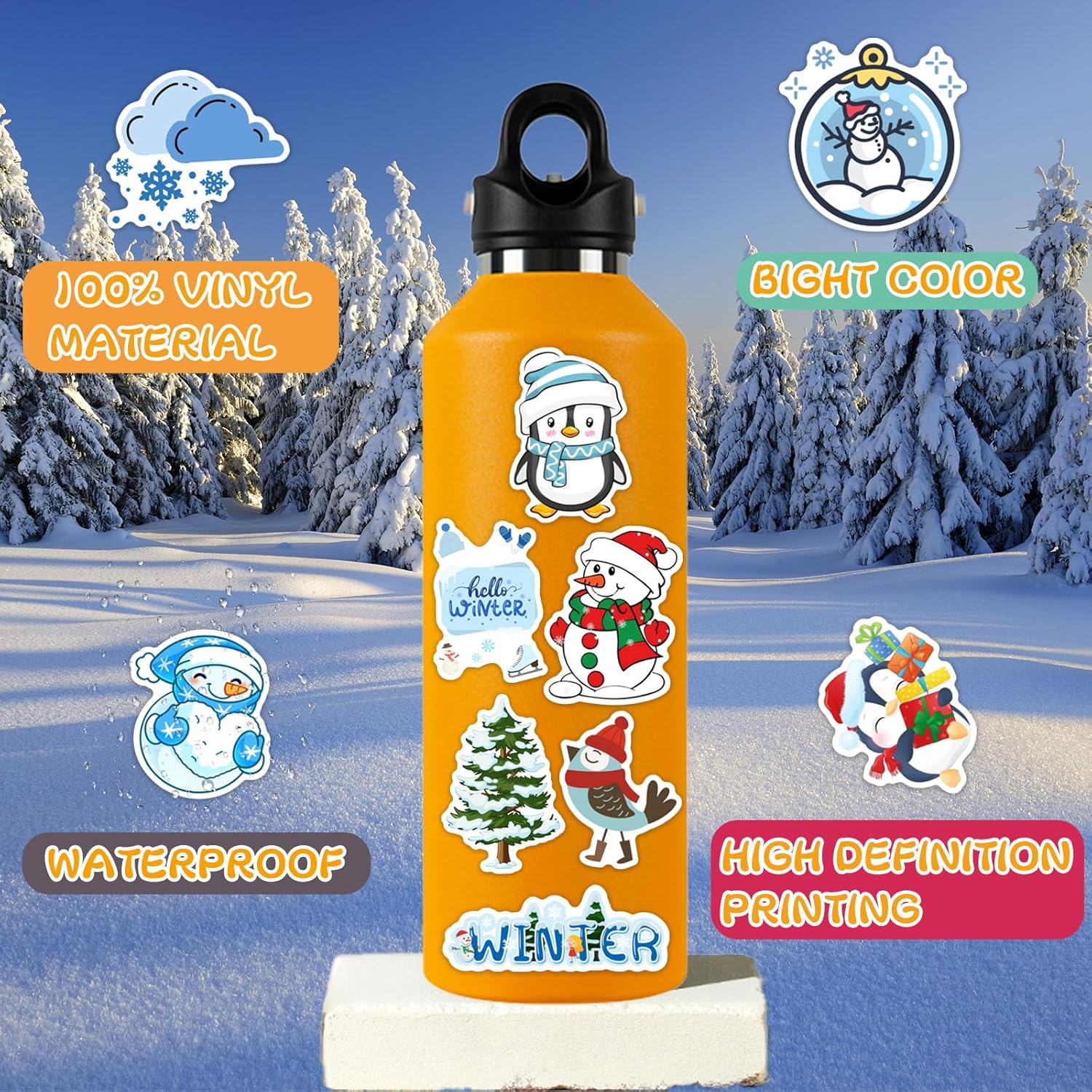 XZENTIRA, 103 PCS Winter Stickers for Kids, Snowflake Stickers for Water Bottles, Hello Winter Vinyl Waterproof Stickers for Laptop Skateboard Phone Penguin, Snowman Stickers for Kids Teens Girls - Image 4