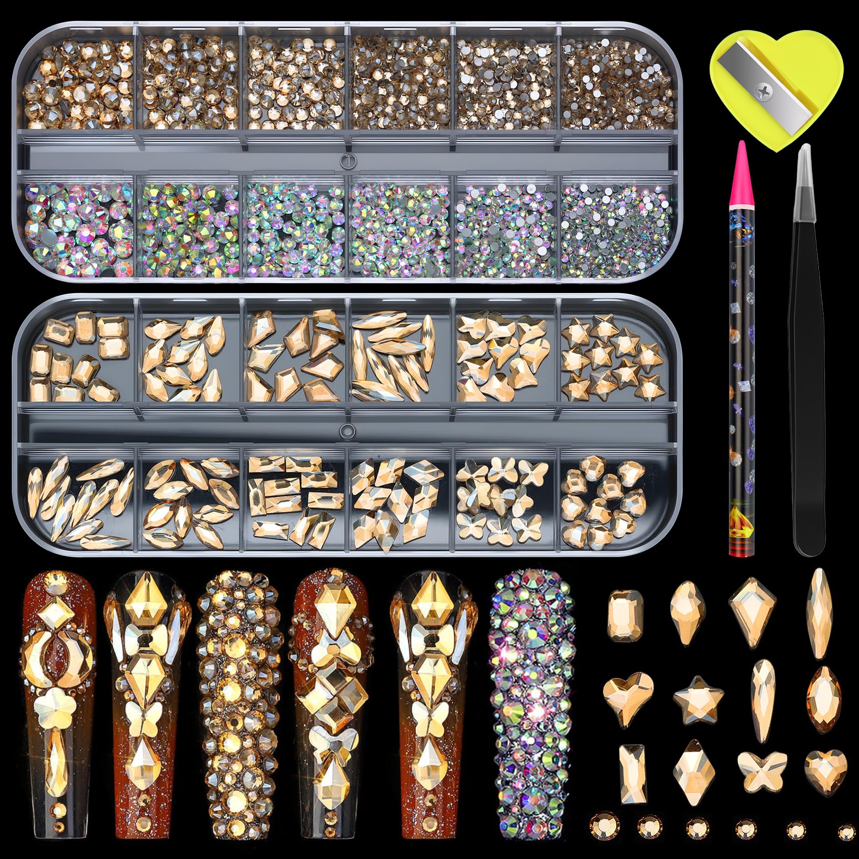 2000 strass per unghie, color oro champagne, 12 tipi di diamanti multi forme e 12 misure con retro piatto, pietre rotonde in cristallo 3D, kit per manicure e decorazioni artigianali