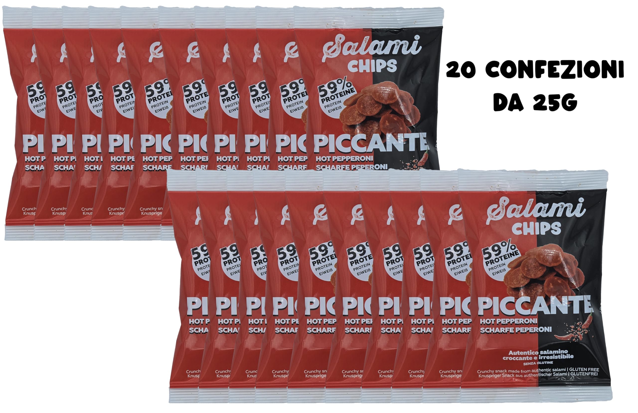 Scatola da 20 sacchetti di Salami Chips Piccante, Snack Croccante ad Alto Contenuto Proteico 59%, Gusto Hot Pepperoni, Senza Allergeni, 25g