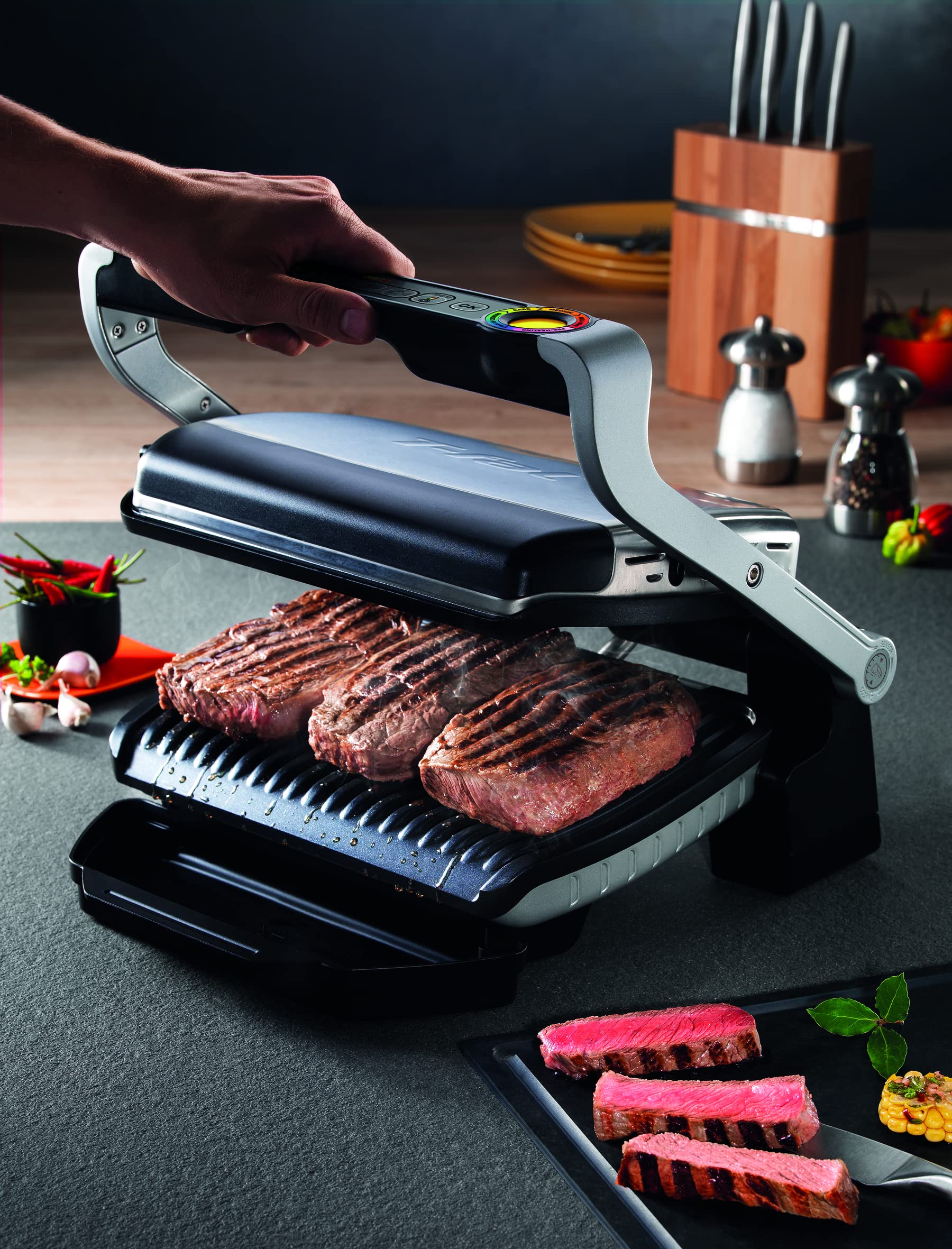 Tefal GC712D12 Fry top da cucina, 7 modalità di cottura, Indicatore di avanzamento, Sensore di spessore, Teglie estraibili ed estraibili, 2000 W, Alluminio, Nero, Area grill standard (33 x 20 cm)