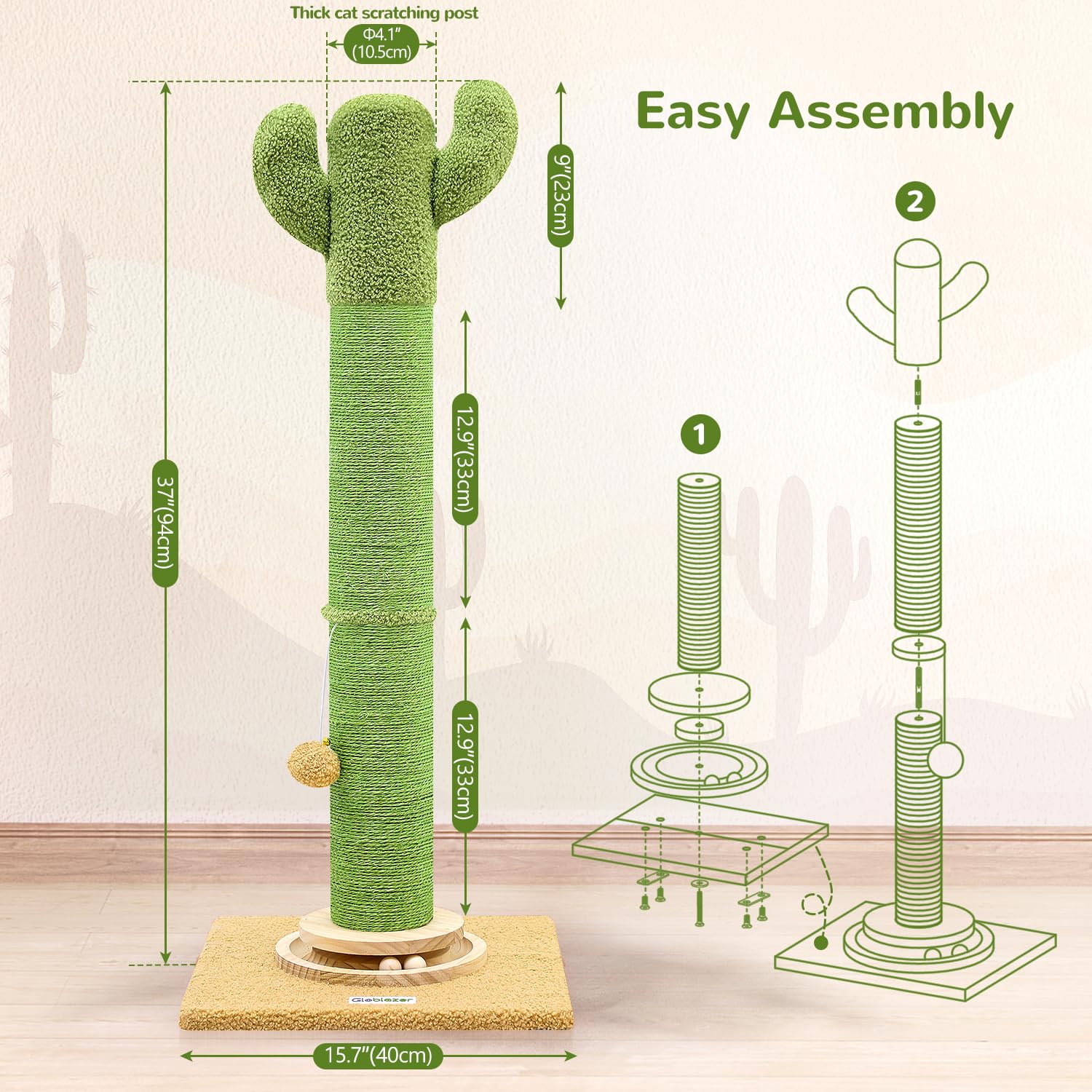 Globlazer Palo Tiragraffi Cactus Verde XXL, Colonne Tiragraffi Grandi Alto 94cm con Trackball Legno Peluche Giocattoli Stabil Base 11CM Palo Tiragraffi Sisal per Gatti Giocare Graffiare (SC37, Verde)