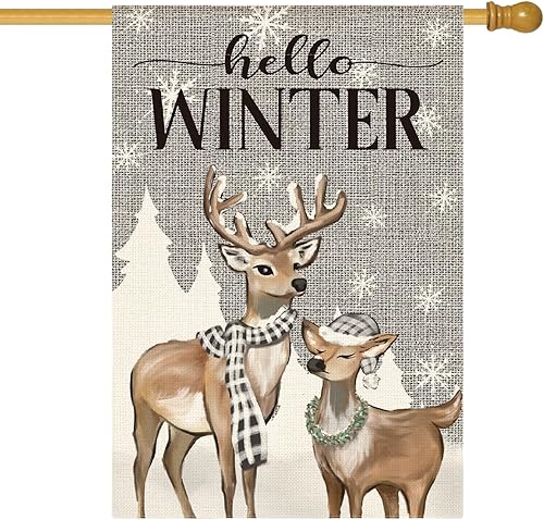 AVOIN colorlife Bandera de casa de copo de nieve con renos de invierno de 28 x 40 pulgadas, de doble cara, bandera decorativa de invierno rústica de