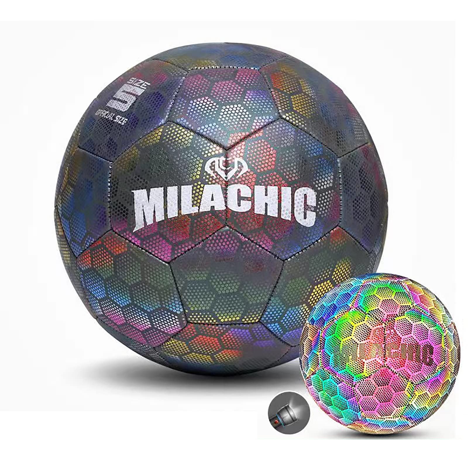 Dokeno Pallone Da Calcio Riflettente Olografico Taglia 5 - Luminoso Al Buio Con Pompa, Rete, Ago E Zaino - Perfetto Per Gioco Notturno E Allenamento