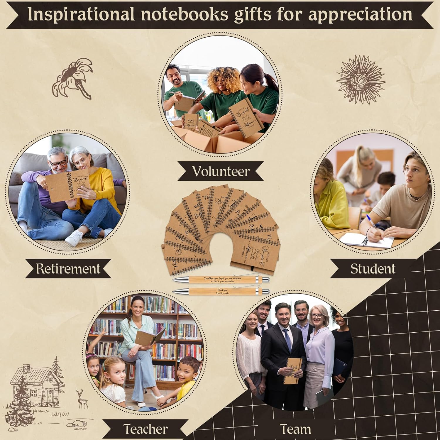 Tenceur 30 Pack Spiral Notebooks Sets Employee Appreciation Gifts Bulk Inspirational Spiral Journals with Motivational Bamboo Pens Thank You Gifts for Staff Teacher Coworker