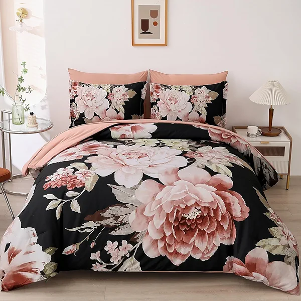 Dintszyayue Queen Comforter Set Black 7 Pieces Bed in a Bag, Pink Floral Bedding Sets Elegant Flower Bed Set Lightweight Comforter for All Season with Flat Sheet, Fitted Sheets, Pillowcases & Shams