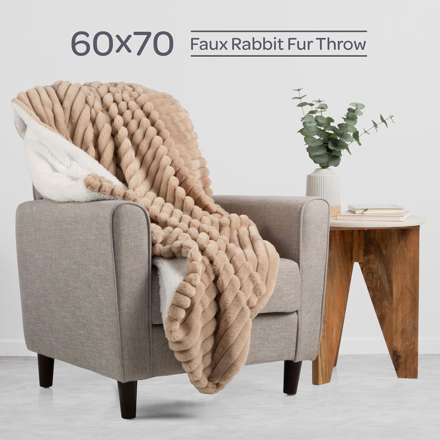 Lavish Home Faux Fur Throw Blanket - 60x70-Inch Twin Blanket for Couch, Bed, or Chair - Soft Throw with Plush Faux Rabbit Fur and Warm Sherpa for Living Room, Bedroom, and Home Decor (Taupe) - Image 2