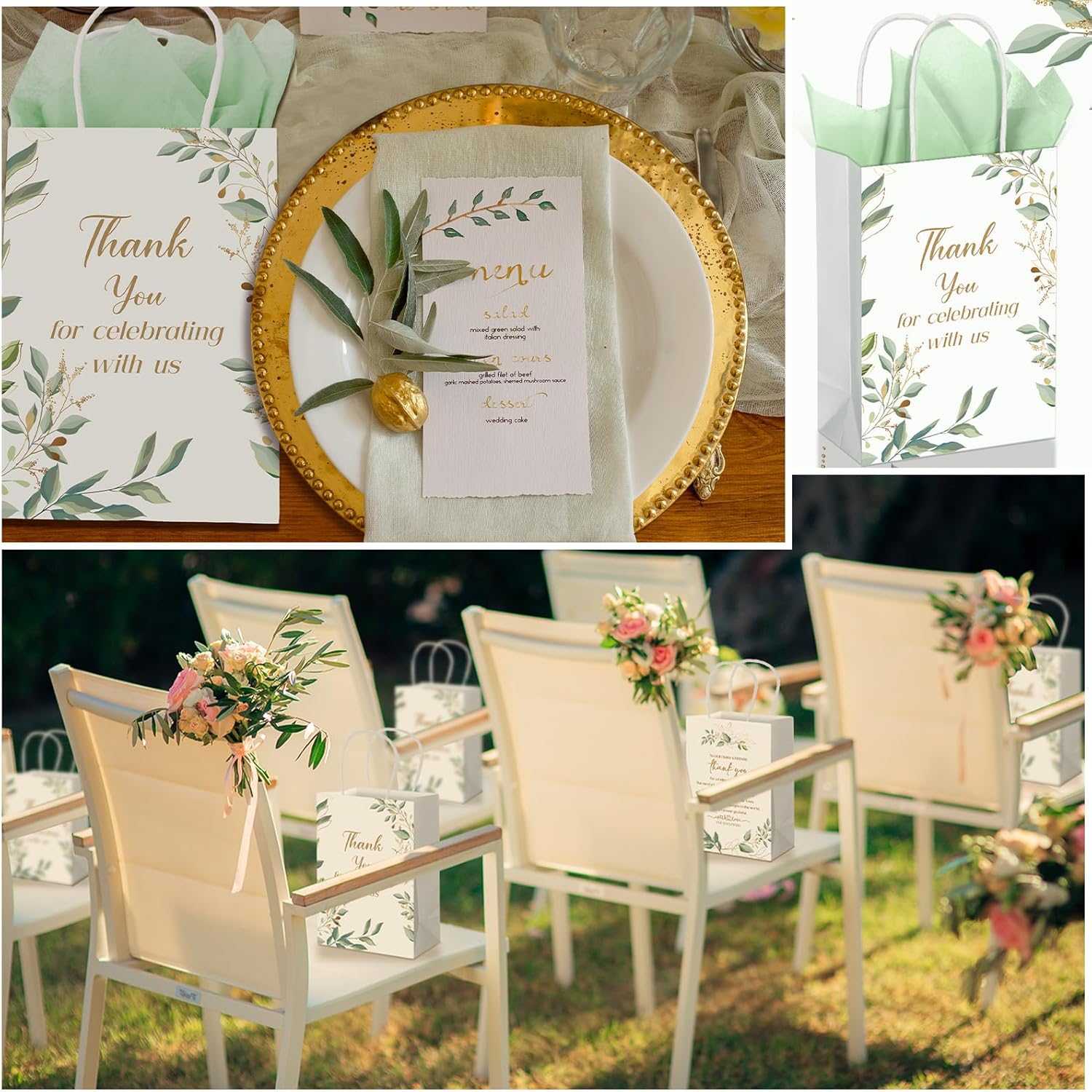 Fuutreo 100 Set Wedding Gift Bags with Tissue Paper Wedding Welcome Favor Paper Bags for Guests with Handles Thank You Bridal Shower Hotel 21 * 8 * 15cm(Eucalyptus Leaves) - Image 6