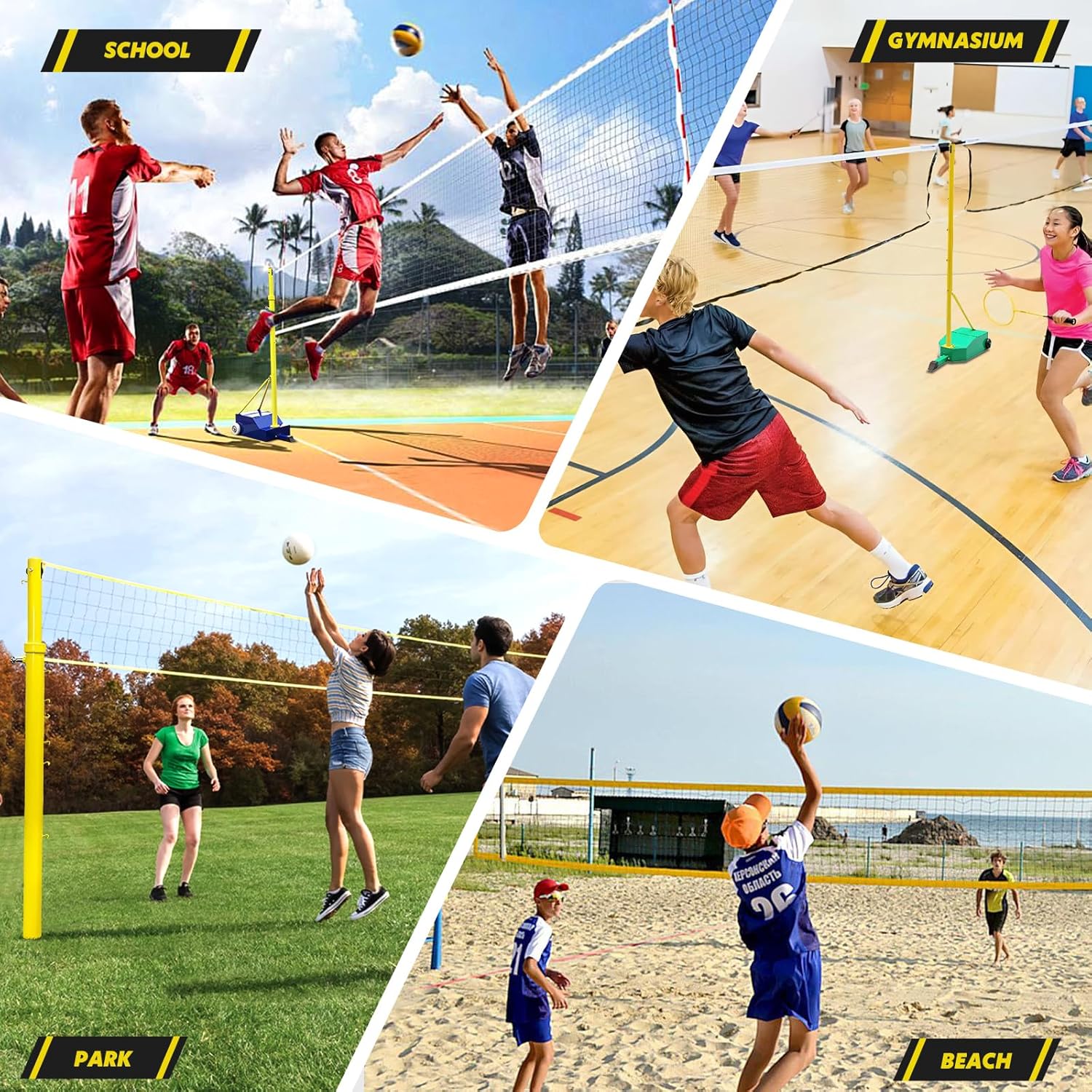 Volleyball/Badminton Net Poles,Volleyball Poles with Wheels,Adjustable 4 Heights 5ft-6.8ft Volleyball Net with Poles for Kids, Adults,Outdoor & Indoor (Blue+Yellow)