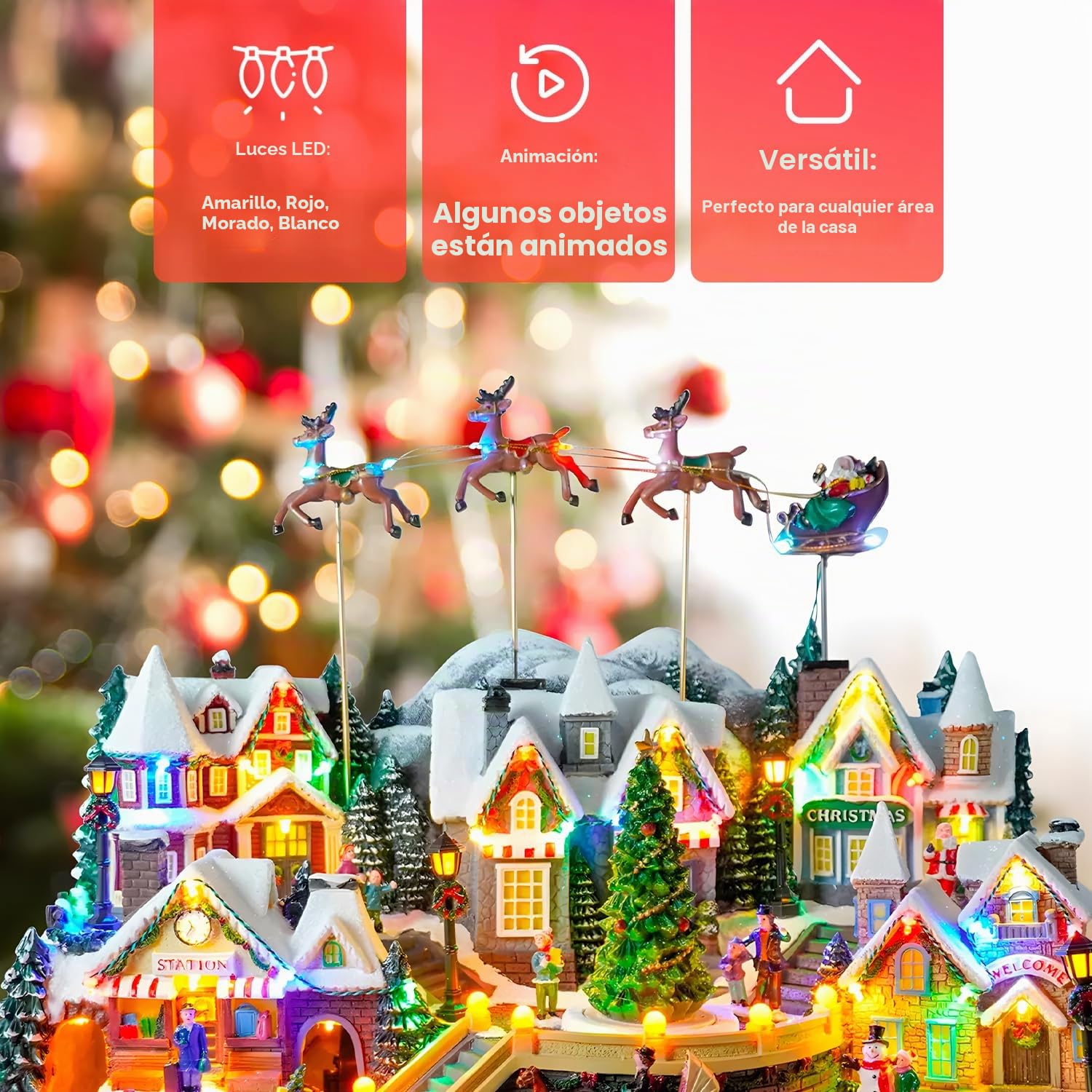 Avilia Pueblo de Navidad en Movimiento con música y Luces LED 37 x 55 x 33 cm – Fabricado con Materiales Resistentes y es Ideal para Decorar tu casa en Las Fiestas navideñas