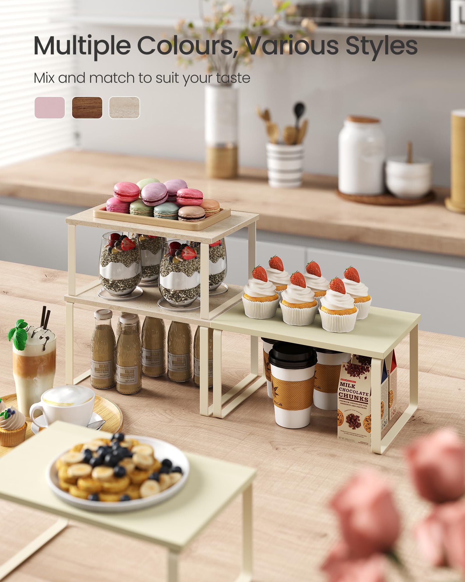 SONGMICS Spice Rack, Set of 2 Cupboard Shelf Organisers, Expandable Kitchen Shelf Organiser, Stackable Spice Holder - Image 3
