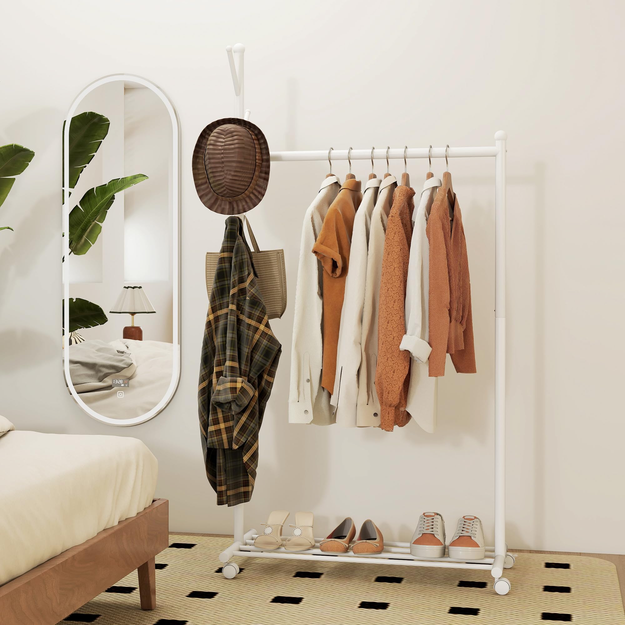 HOMCOM Burro Ropa con Ruedas, Perchero Burro Ropa con 5 Ganchos Barra para Colgar y Balda Inferior Perchero para Recibidor, Entrada, Dormitorio, 86x43x171 cm, Blanco