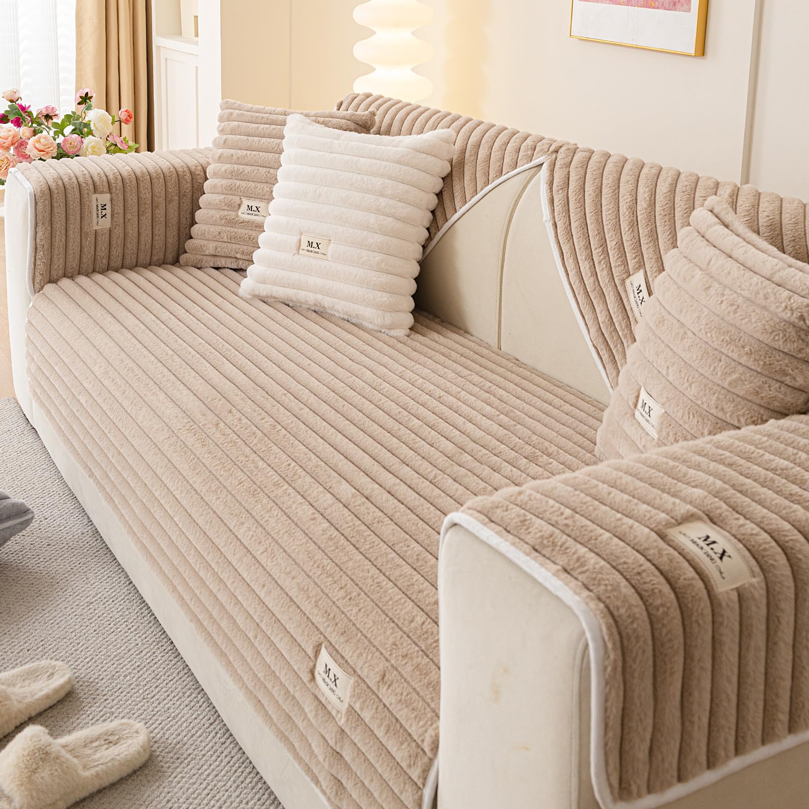 tianxinbaobei Fuzzy Sectional Couch Cover for Sofa Plush Sofa Covers Washable for Single Cushion Armchair Couch,Non-slip Slipcover Sofa Covers for Pets Dogs Furniture Protector(1PC,Khaki,28"x28")