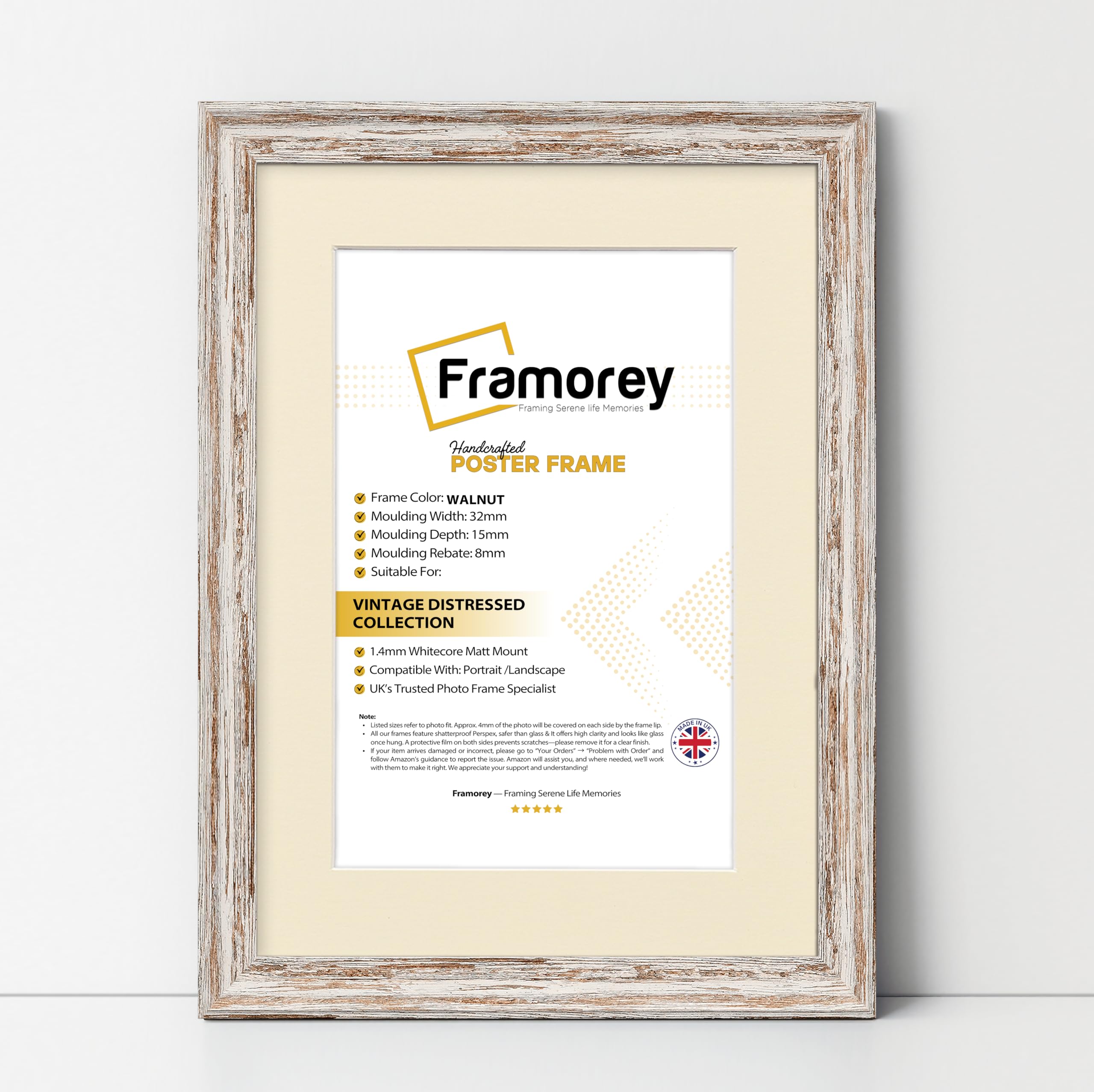 Framorey Framing Serene Life Memories Walnut With Ivory Mount Framorey Vintage Distressed Picture Frame, A3 Size Black Picture Frame With A4 Size Ivory Mount, Wall Hanging Frames, Personalized Frames