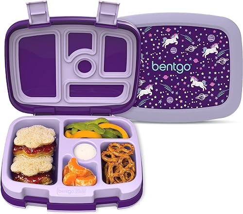 Bentgo Kids Prints, Lonchera infantil a prueba de fugas, 5 compartimentos, estilo bento, tamaño de porción ideal para edades de 3 a 7 años, libre de