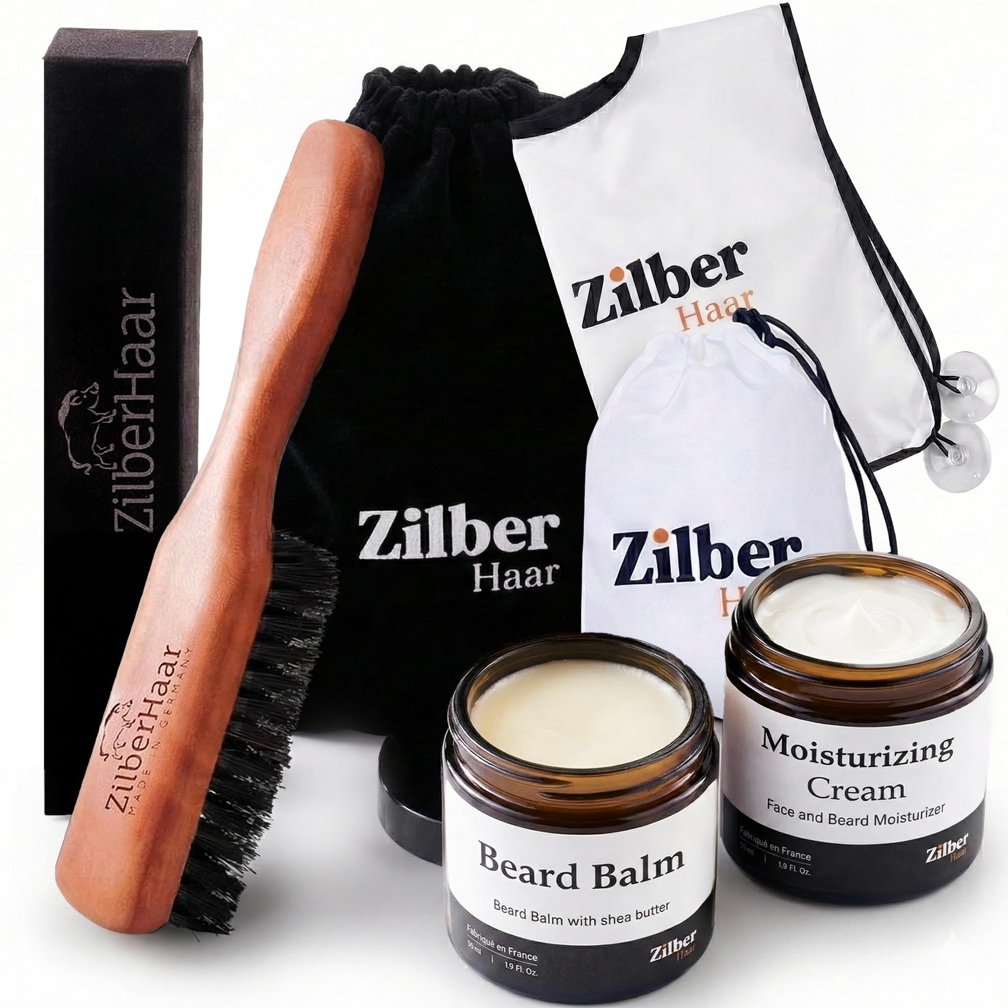 ZilberHaar - Kit per la cura della barba da uomo - 1 spazzola per barba + 1 lozione + 1 crema idratante + 1 mantello - setole dure di cinghiale - custodia in velluto