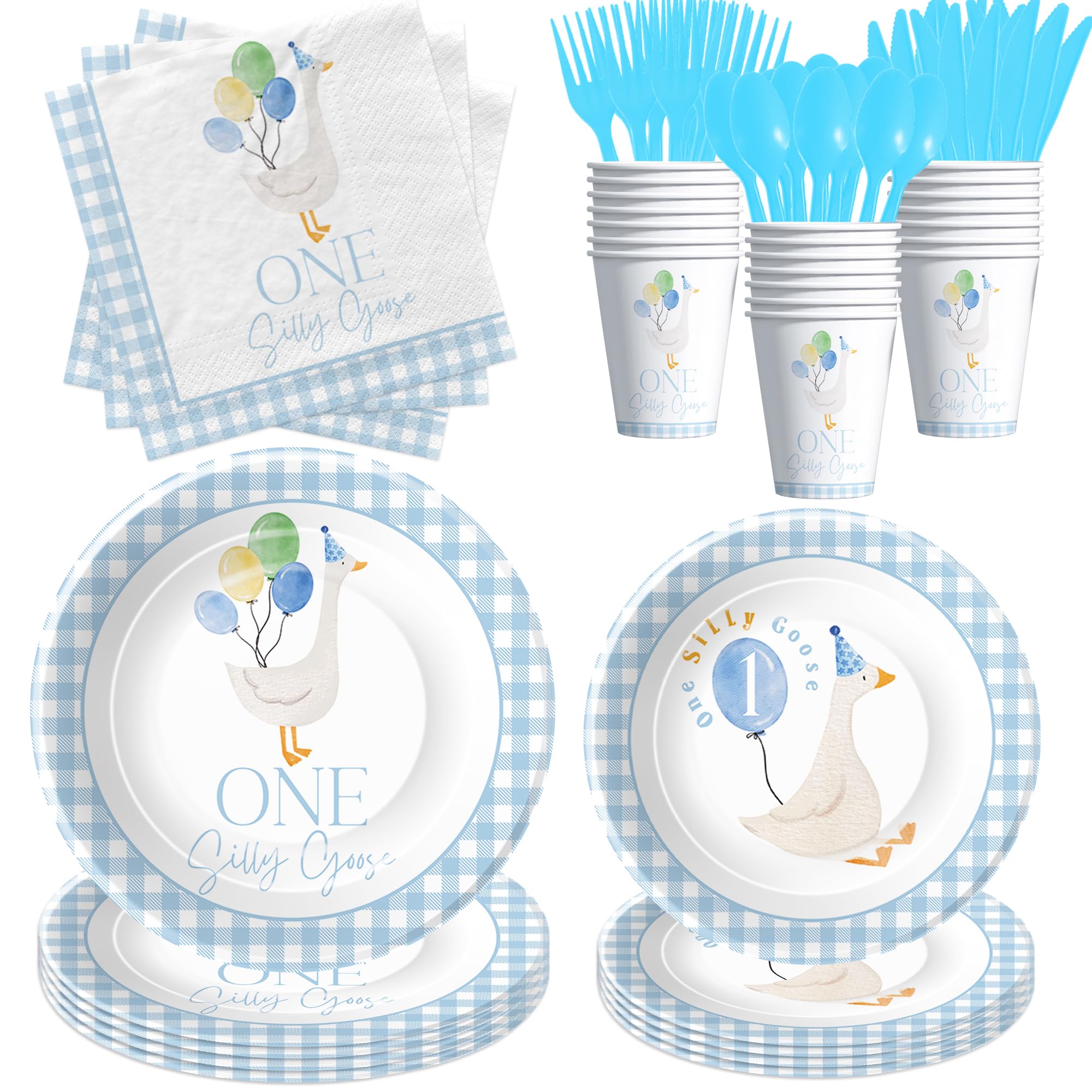 Suhelkit One Silly Goose First Birthday Plates and Napkins Party Decorations for Boys Tableware, Blue Goose 1st Birthday Party Supplies, Disposable