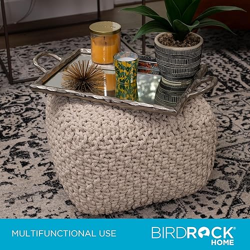 Miniatura 75 de BIRDROCK HOME Puf otomano cuadrado | Taburete de algodón trenzado con relleno de puf | Reposapiés bohemio para sala de estar, dormitorio, asiento