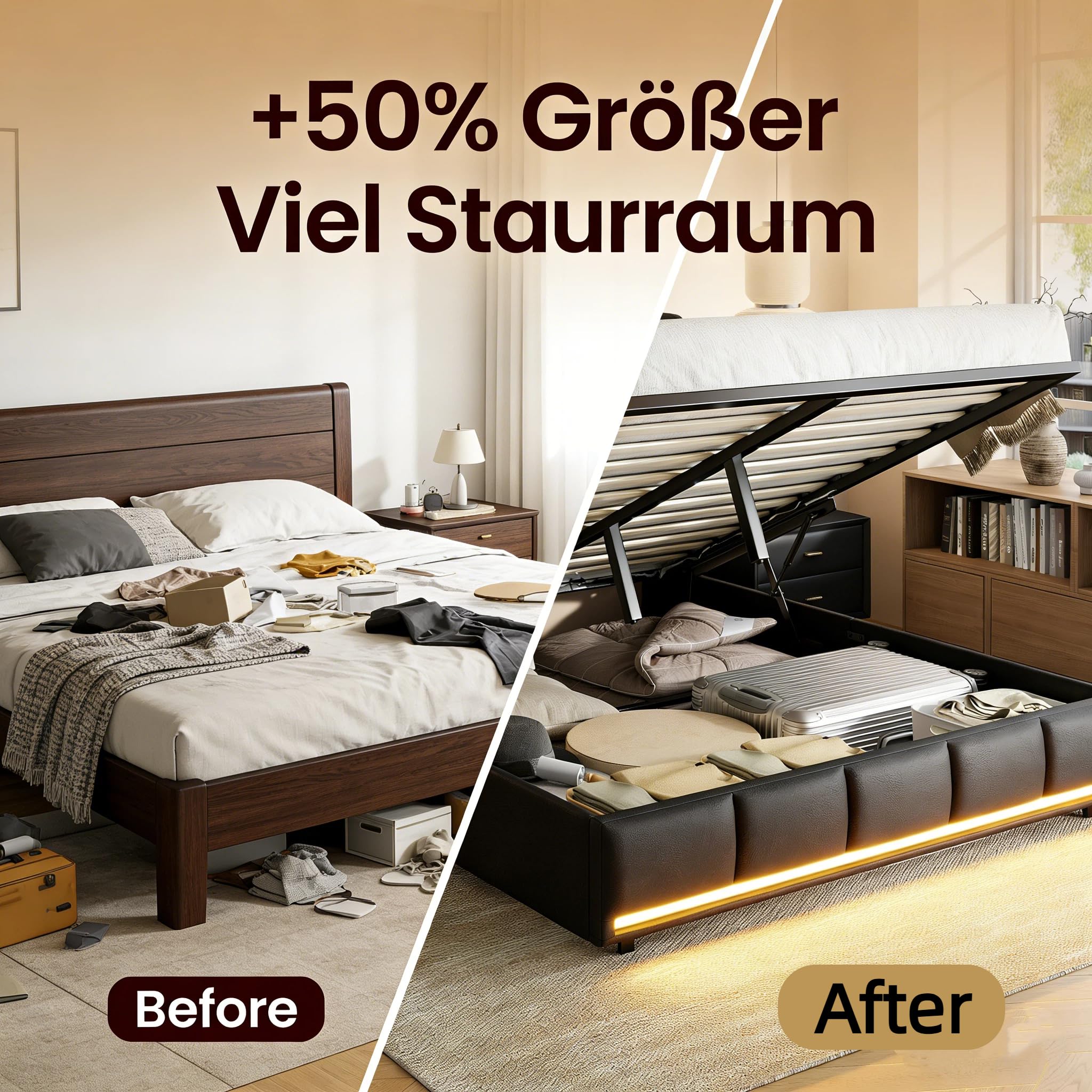 BRILVERDE Gestoffeerd tweepersoonsbed 160x200 cm met LED-verlichting, Floating Bed Frame met opbergruimte en lattenbodem, jeugdbed, PU, zwart