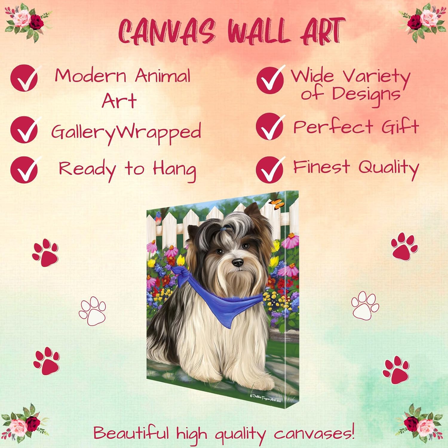 Doggie of the Day Spring Floral with Biewer Terrier Dogs Canvas Wall Art - Premium Quality Ready to Hang Room Decor - 1.5" Thick Canvas Wrap 16" x 20"