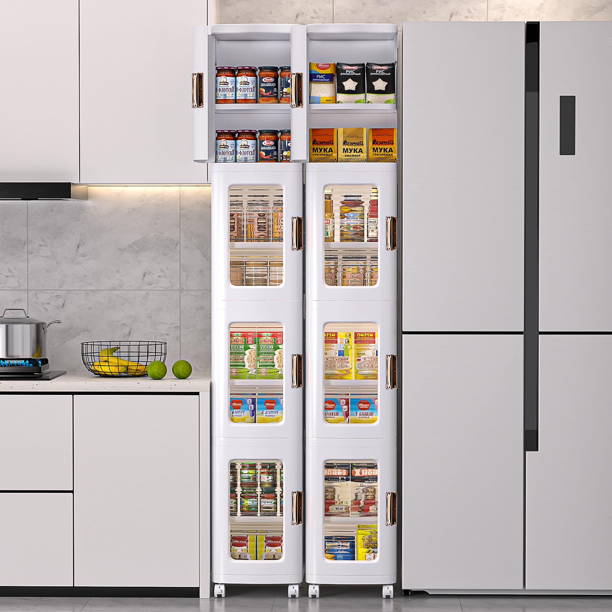 VECELO Schmaler Badezimmerschrank 24 cm, Kunststoff Aufbewahrungsschrank mit transparenter Tür, Rollen und verstellbaren Einlegeböden, platzsparender Organizer für Bad, Küche, 24 x 28 x 166 cm