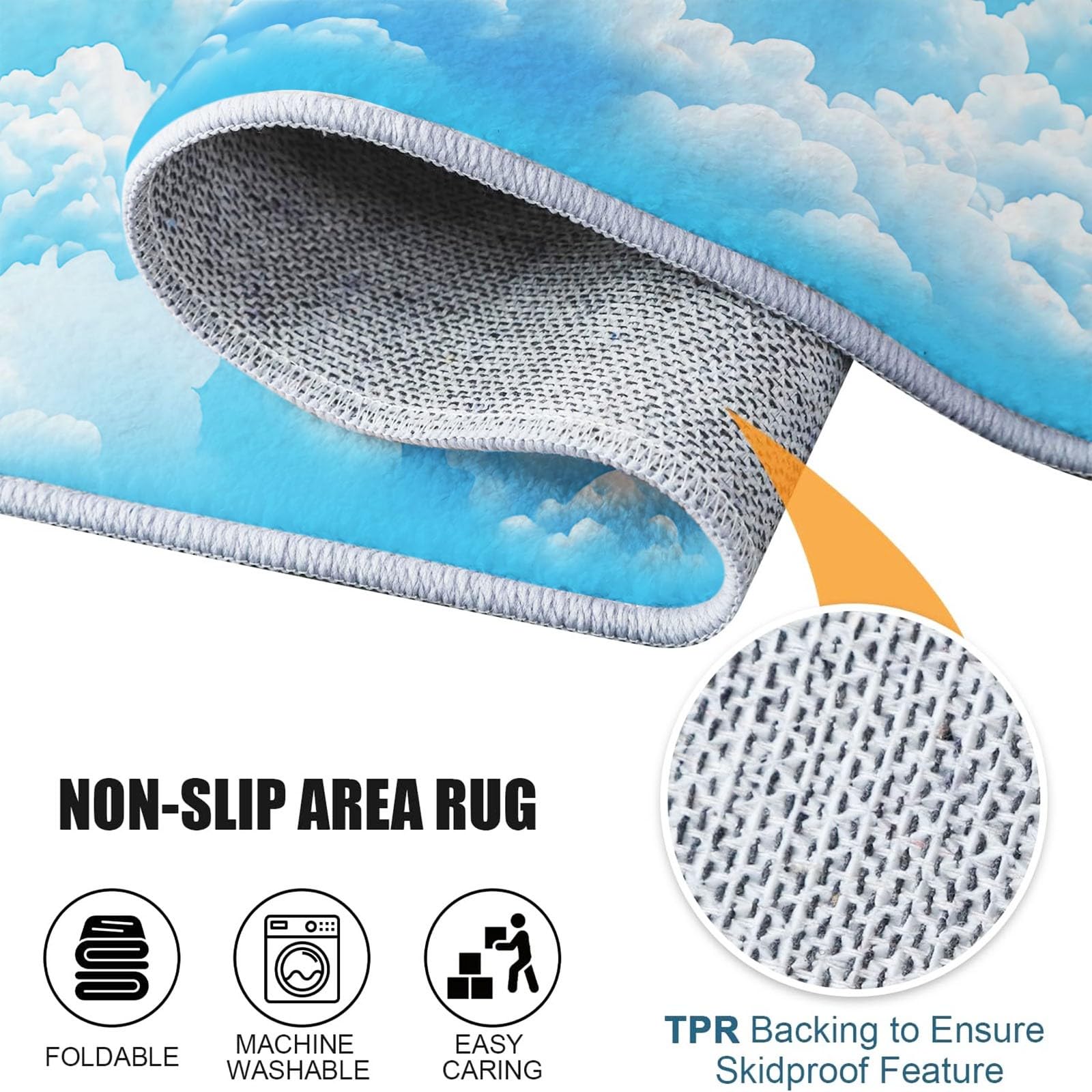 Genérico Alfombra Redonda para habitación Infantil Patrón De Nubes Blancas, Estilo De Cielo Natural Alfombra Antideslizante Suave y esponjosa para Sala de Estar, Dormitorio, Comedor, 150 cm, Azul