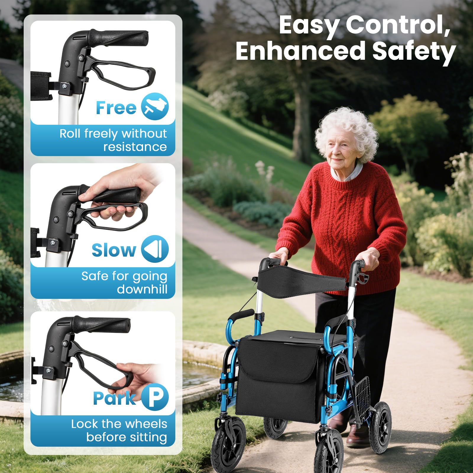 HOMASIS Andador para Ancianos Plegable con 4 Rudas, Caminador Exterior para Idosos con 6 Reposabrazos regulables, Andadores para Adultos, Personas Mayores (azul)