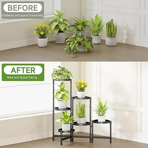 Miniatura 4 de Soporte para Plantas de Interior y Exterior con Bandeja de Metal de 6 Niveles Esquinero Portaplantas Plegable Soporte para Macetas Soporte de