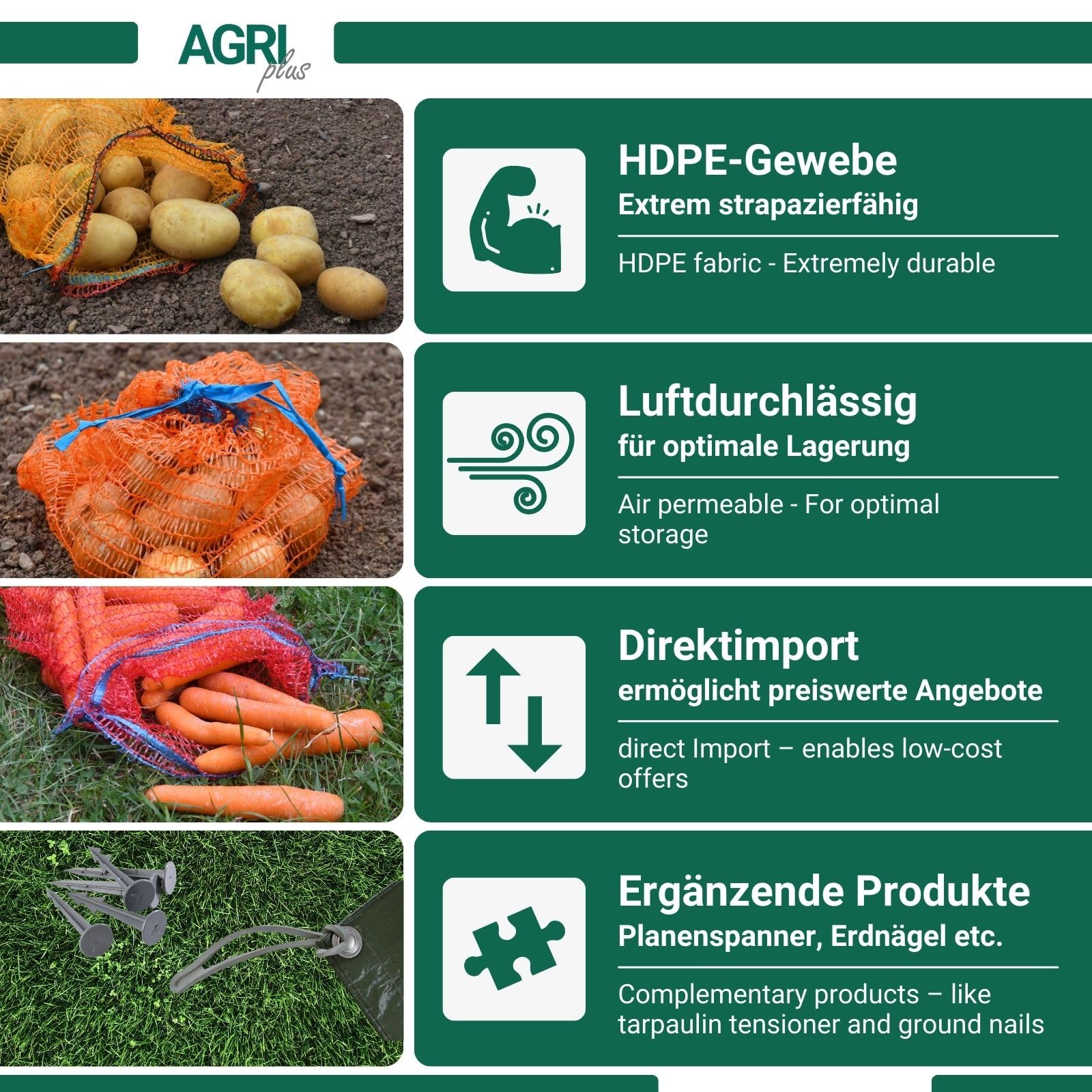 AGRI plus 100 Stück Gemüsesäcke grün mit Zugband I 50 x 80 cm I verschiedene Größen I Grobmaschige Raschelsäcke mit 20 kg Volumen I Aufbewahrungssäcke für Weißkohl, Rosenkohl & Obst