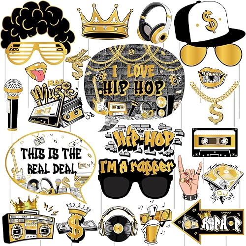 Cheereveal Accesorios para cabina de fotos de hip hop dorados y negros, 24 piezas retro de rock and roll de los años 90 con temática de música de