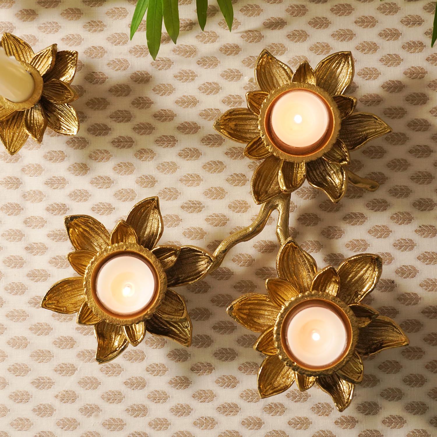 Pure Home + Living Gold 3 Arm Flower Candle Holder for Home Office Living Room Indoor Garden Dining Centerpiece Decoration and for Diwali Decor (Pack of 1)
