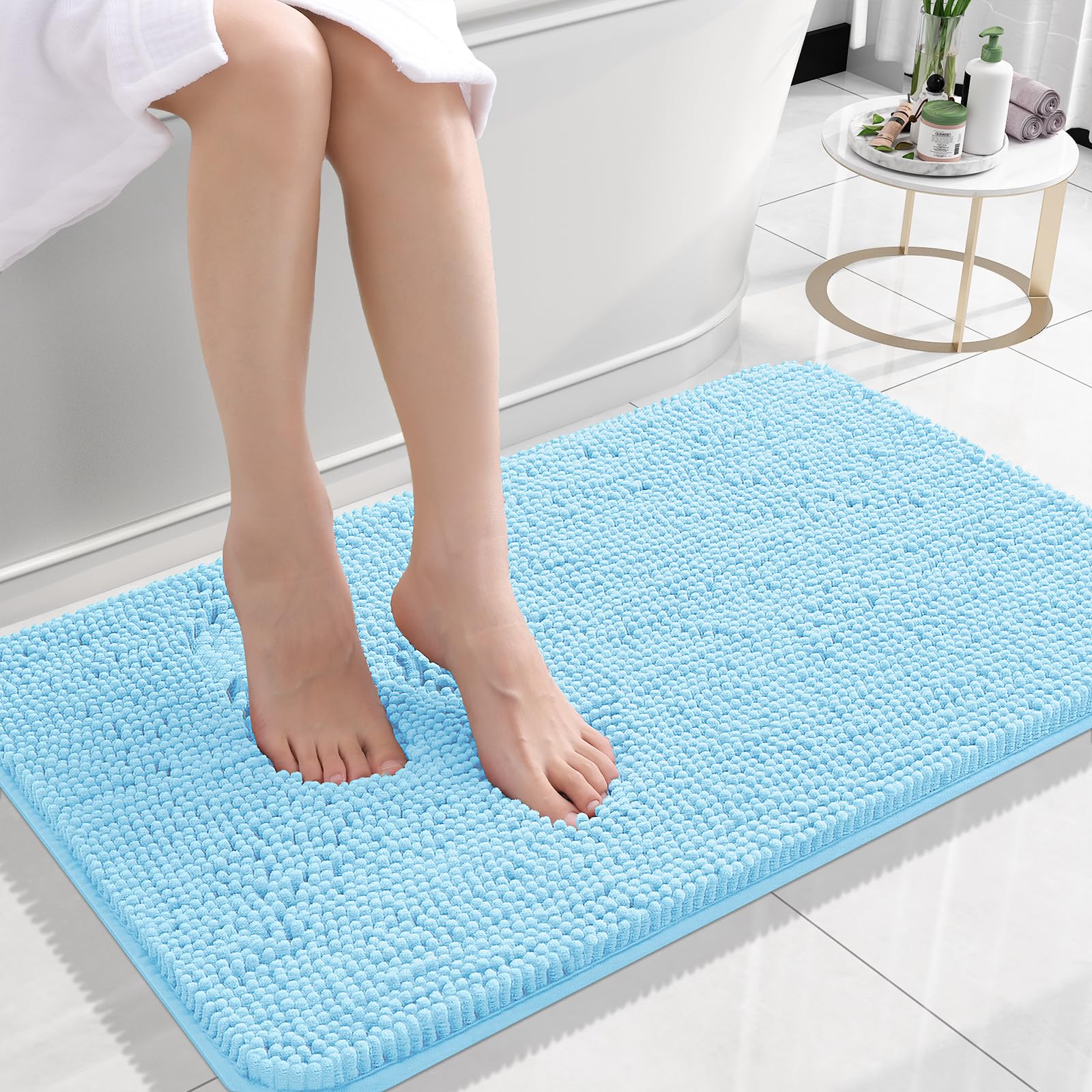 OLANLY Small Bathroom Rugs 24x16, Extra Soft Absorbent Chenille Bath Rugs | Sky Blue, Quick-Drying Rubber Backing, Machine Washable Bath Mat for Bathroom Floor, Tub and Shower, Home Decor Accessories