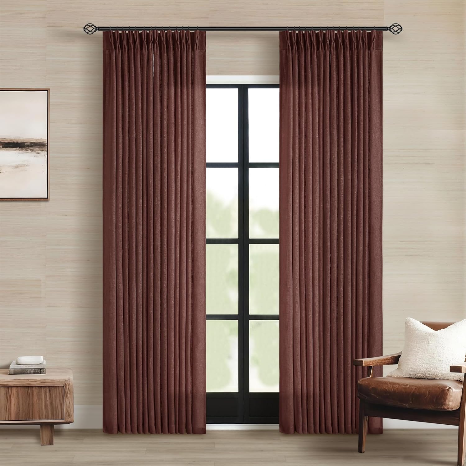 Dark Terracotta 80 Inch Pinch Pleated Linen Curtains 2 Panel Set for Living Room Thick Linen Drapes 80 Inches Long Pinch Pleat Drapes Semi Sheer Curtain for Dining Bedroom Office Maroon Red Brown