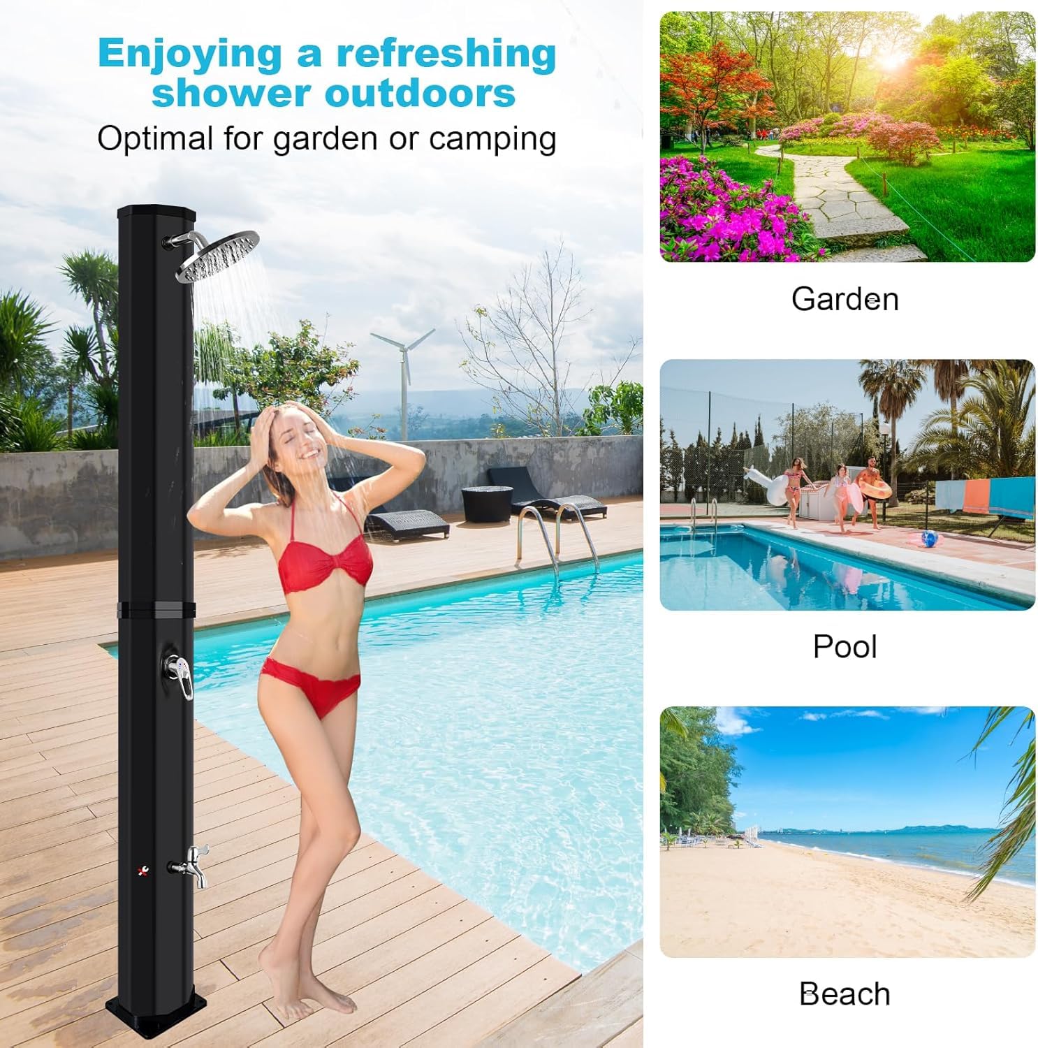 Solar Gartendusche 60 Liter Solardusche mit Drehbarem Duschkopf, Fußarmatur und Abdeckhaube, Einstellbares Warm und Kaltwasser, Maximal 60°C, Aussendusche Solar Dusche für Garten Pool Camping