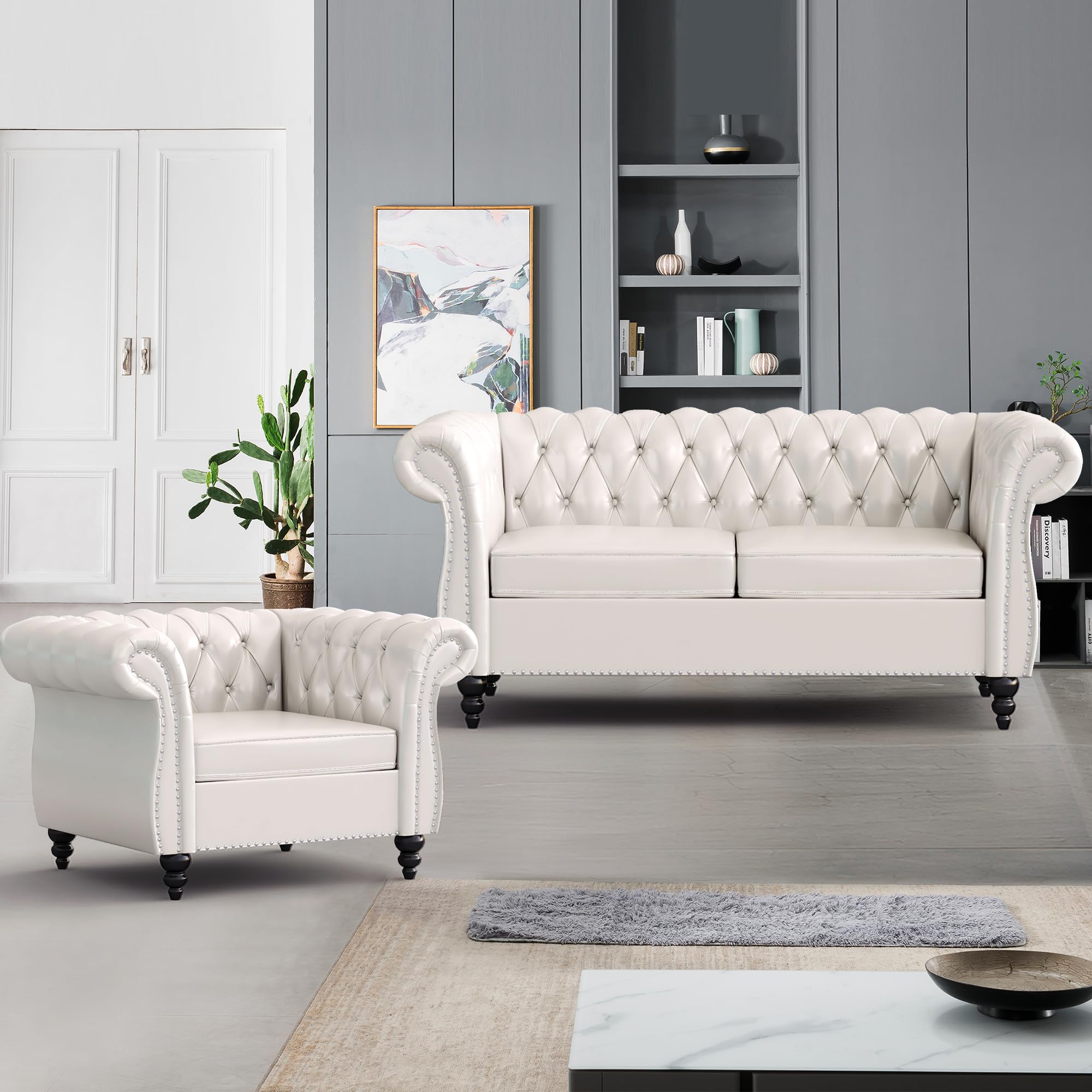 2 Piece Living Room Furniture Set, Faux Leather Loveseat and Chair Set, Mid Century Modern Upholstered Sofa Couch with Cushions, Vintage Comfy Tufted Chesterfield Couches for Bedroom, Office (White)