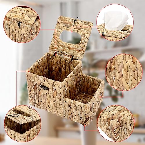 Miniatura 3 de Sumnacon Cubierta cuadrada para caja de pañuelos, cubo decorativo de mimbre con organizador lateral, soporte de pañuelos de jacinto de agua rústico