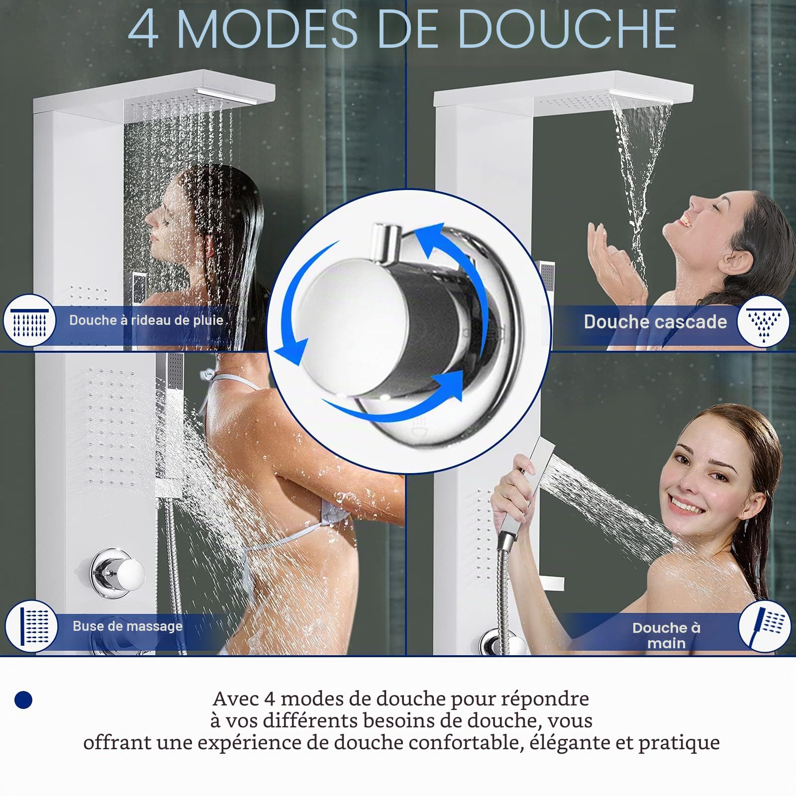 Froadp Système de Douche à Effet Pluie Ensemble Mural en Acier Inoxydable Brossé avec Douche de Massage Ensemble de Douche et Cascade à Main Ensemble de Luxe pour Salle de Bain (Blanc Mat)