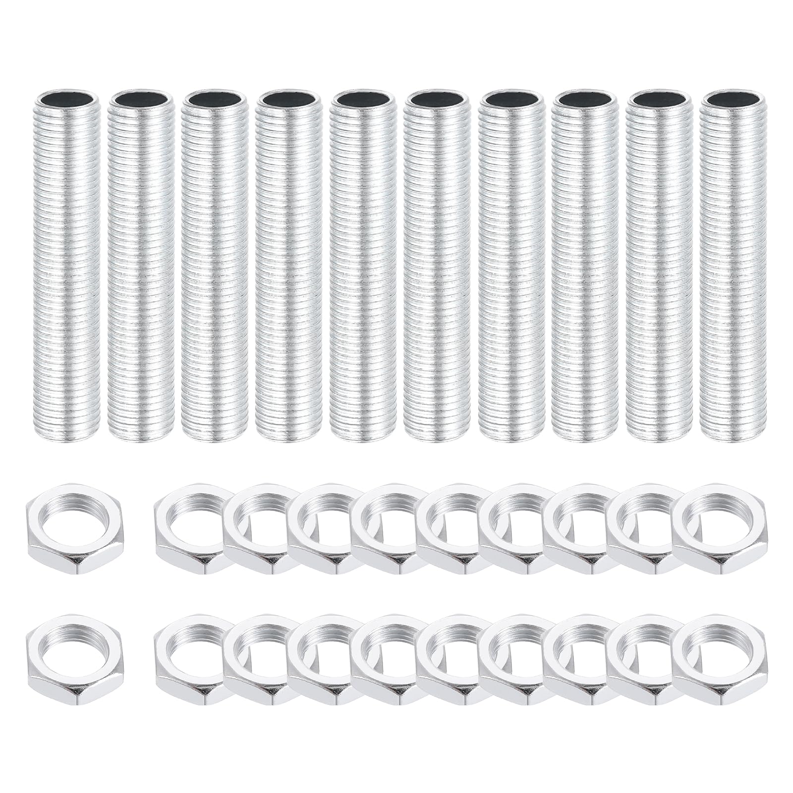 sourcing map 10Pcs 50mm Lamp Pipe Nipples Kit with Lock Nuts, M10x1 Fine All Threaded Hollow Tube Lamp Repair Hardware Fasteners for Chandelier Ceiling Lamps Assembly DIY, White Zinc — image 1