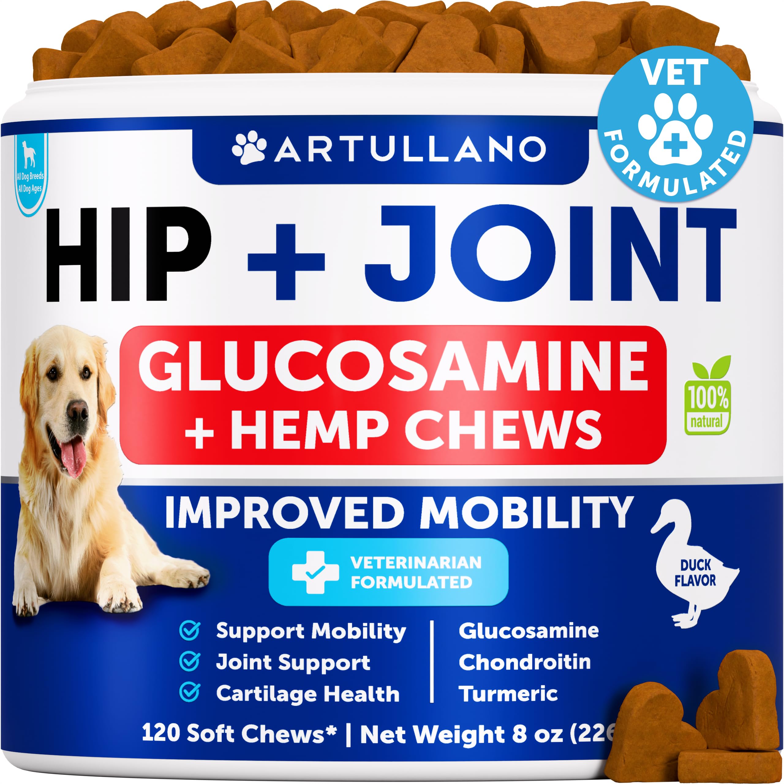 Hemp Hip and Joint Supplement for Dogs - Glucosamine for Dogs Joint Pain Relief - Chews with Chondroitin, MSM, Hemp Oil - Mobility Support, Cartilage Health - For Large, Small breeds - 120 Soft Treats