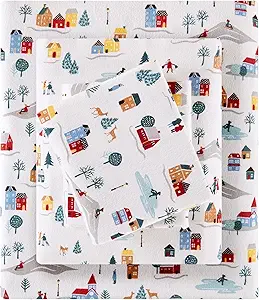 Sleep Philosophy True North 100% Cotton Flannel Sheets Queen Size, Cozy Flannel Sheet Set Brushed for Extra Softness, Heavyweight Novelty Print Warm Flannel Bedding Set, White Village Print 4 Piece